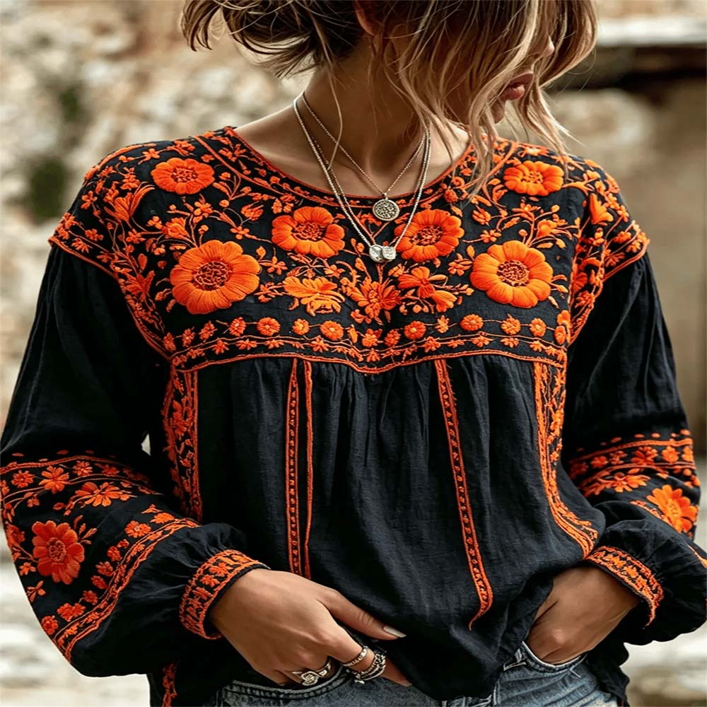 Day Of The Dead Merch Orange Floral Neckline Long Sleeve Shirt Sugar Skull Gift For Mom - Flickden