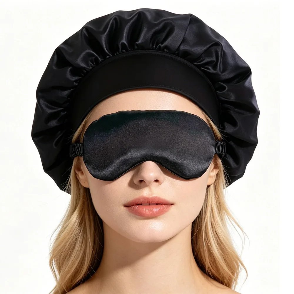 Wearing the satin bonnet and eye mask together