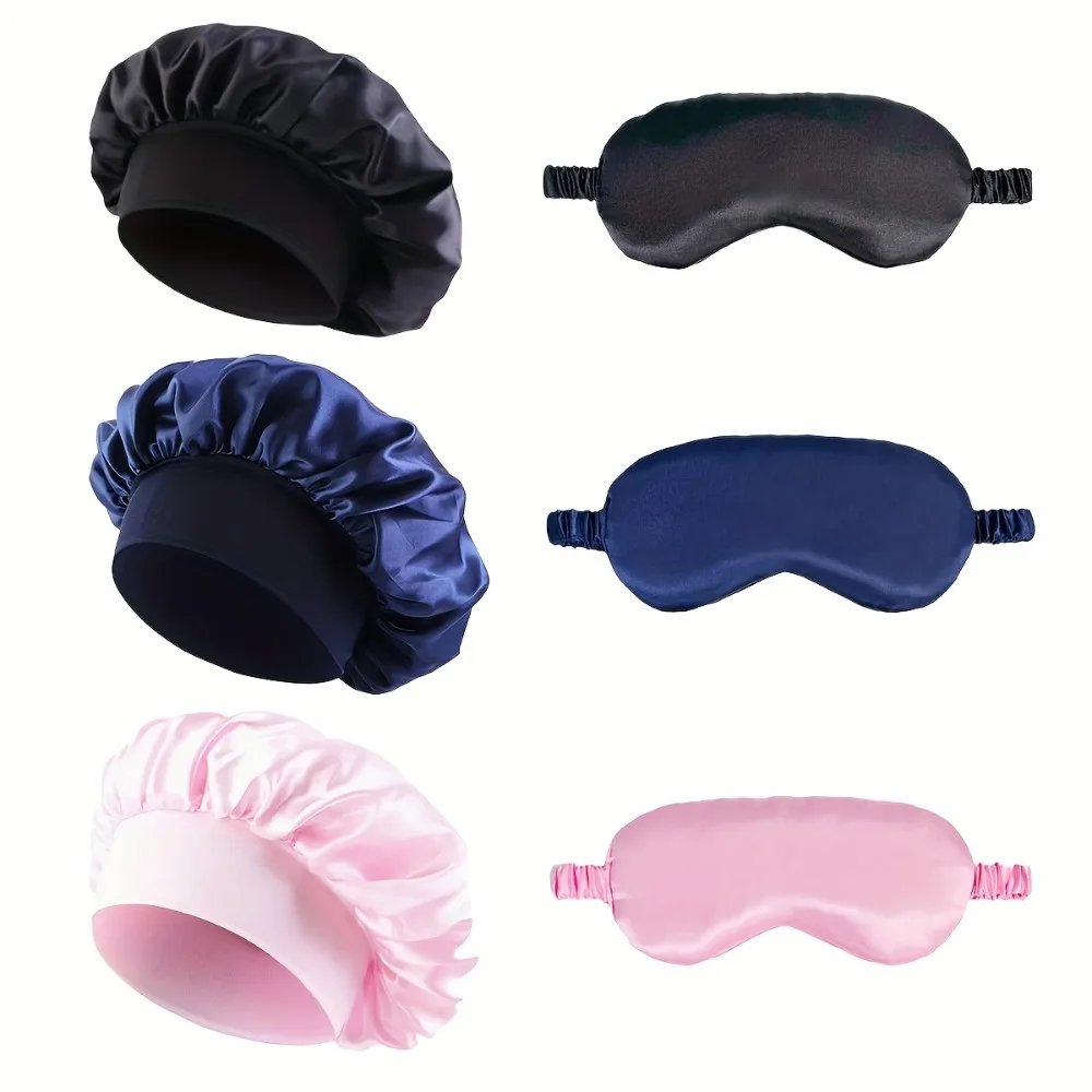 The bonnet and eye mask in black, blue and pink