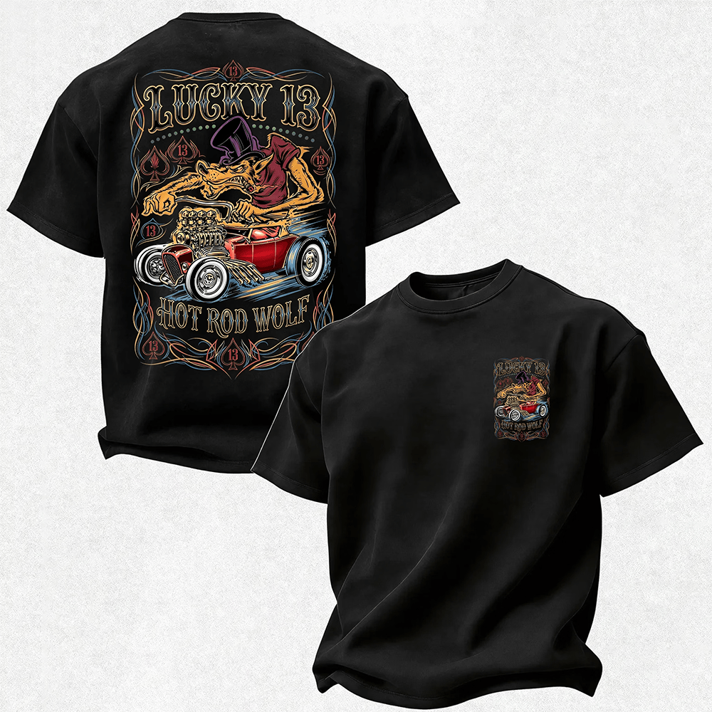 Lucky 13 Merch Hot Rod Wolf T-Shirt Hot Rod Owners Shirt Mens Gift