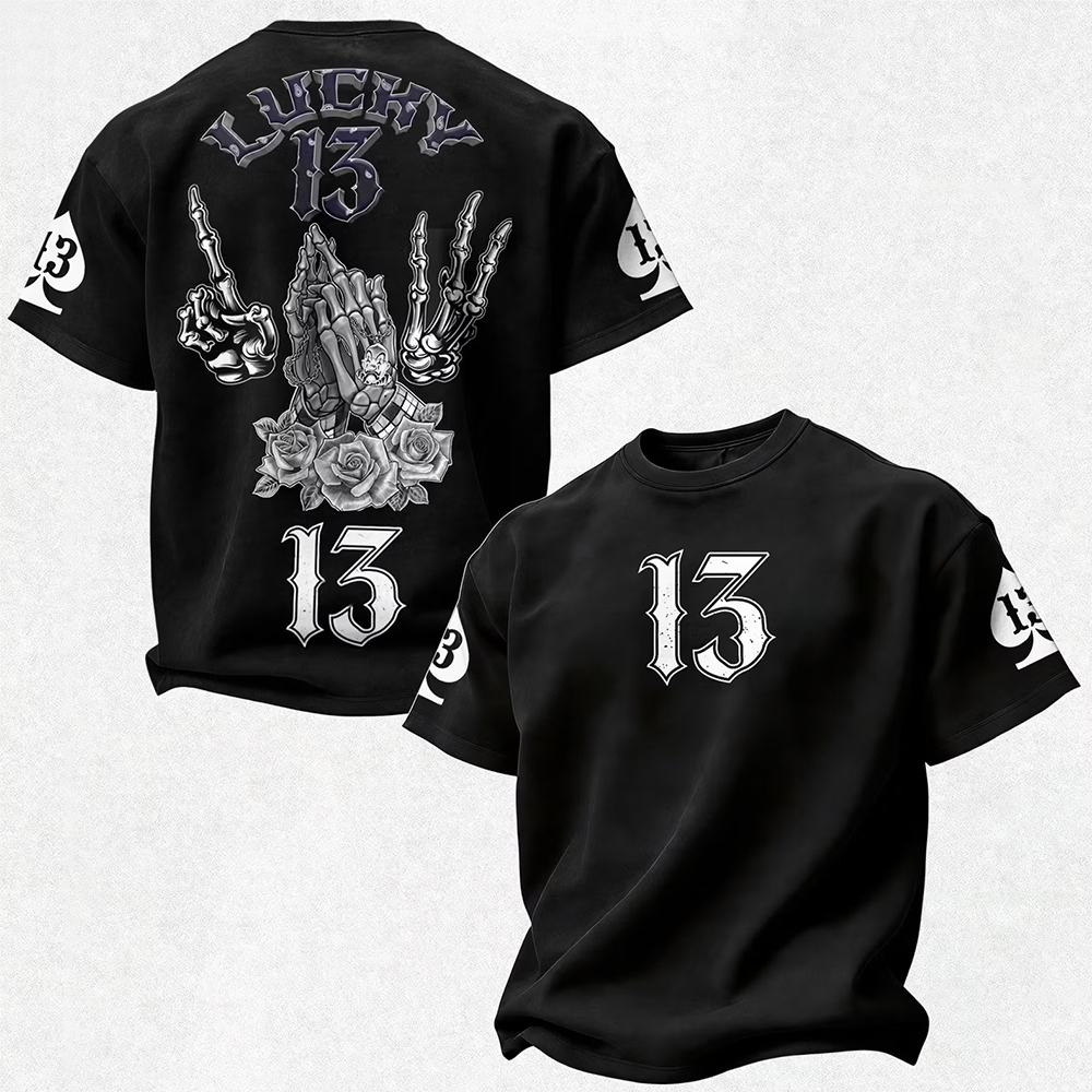 Lucky Thirteen Merch Praying Skeleton Hands Roses T-Shirt Perfect Fans Gift Ideas