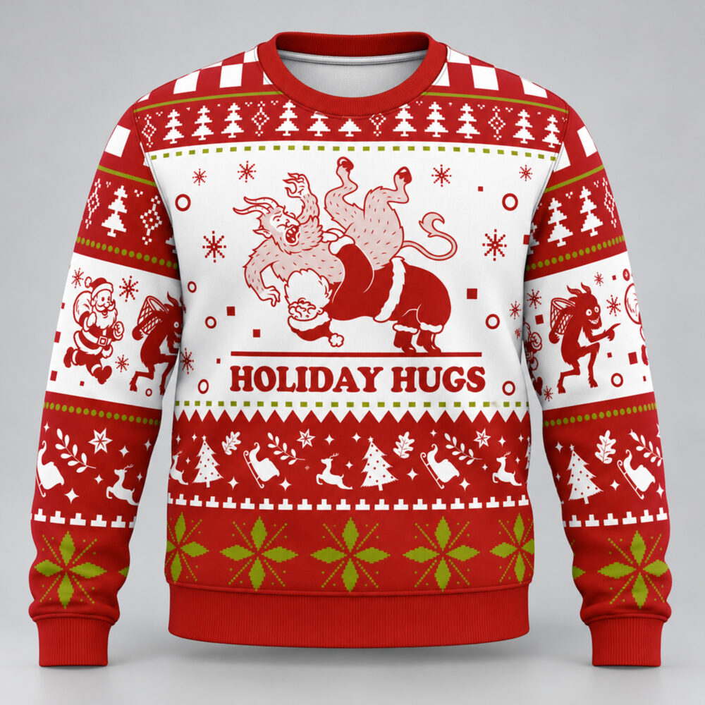 2026 Funny Santa Holiday Hugs Ugly Christmas Sweater Krampus Clothes Gift For Fantasy Fans