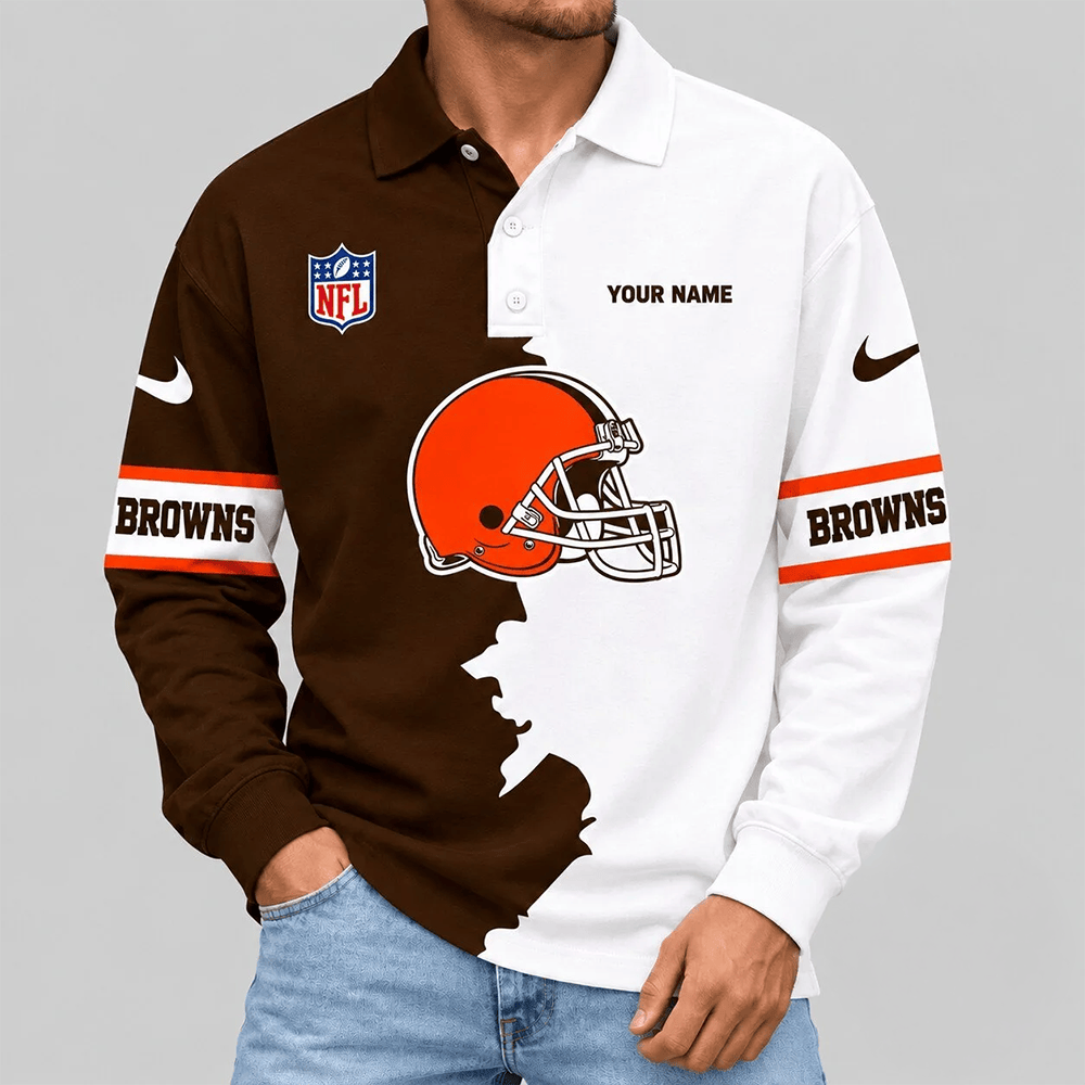 Custom Cleveland Browns Merch Split Panel Long Sleeve Polo Shirt Gift For Football Fans