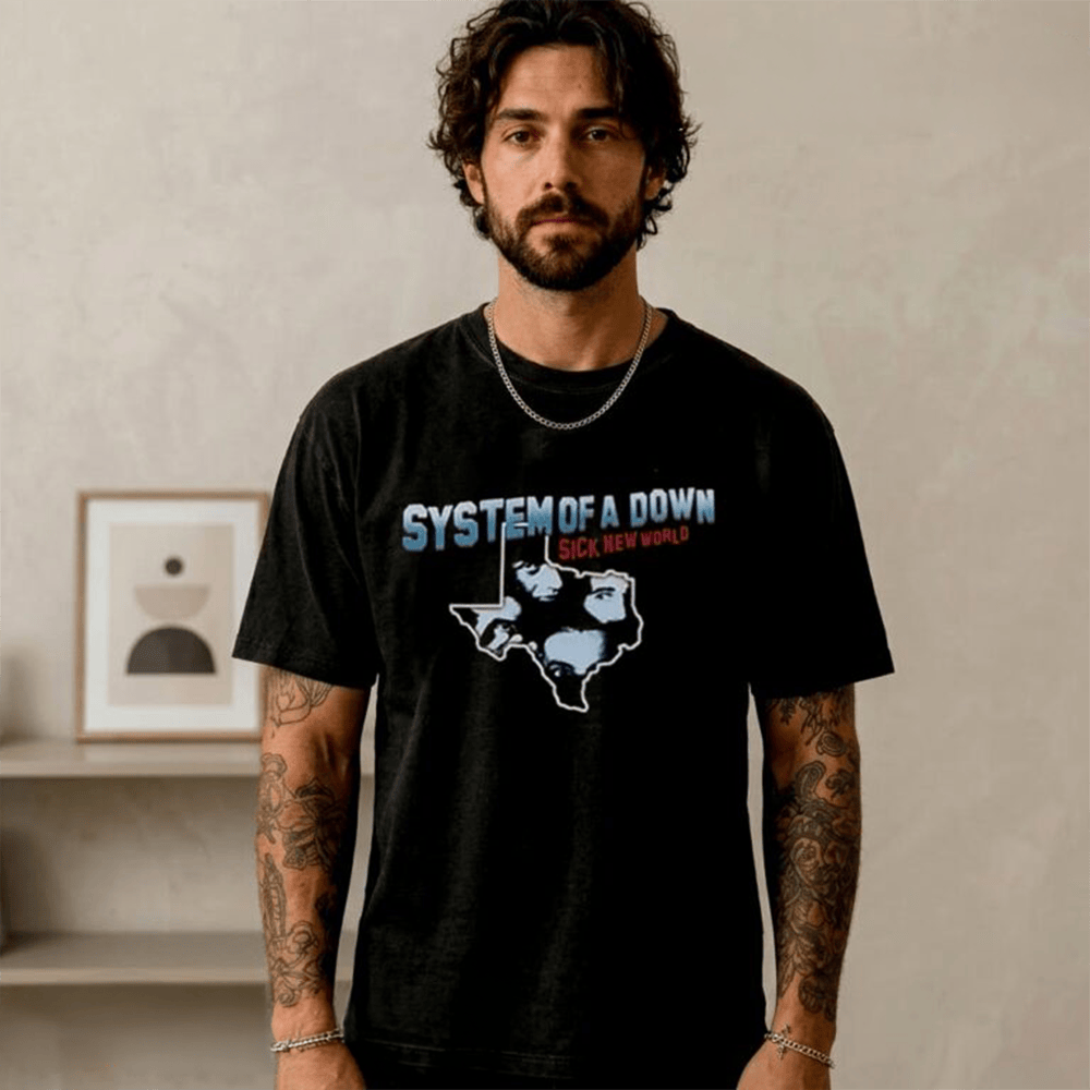 System Of A Down 2026 Merch Photo Texas Map At Sick New World Texas Motor Speedway Fort Worth Texas T-Shirt