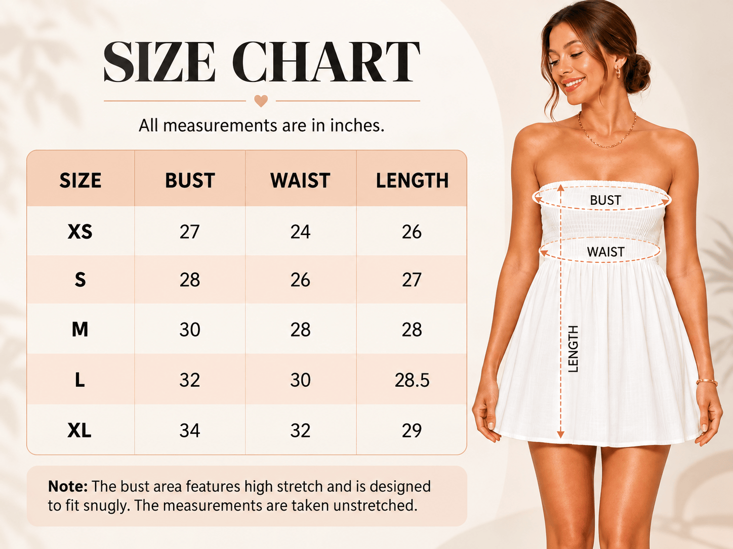 Strapless Smocked Mini Dress size chart