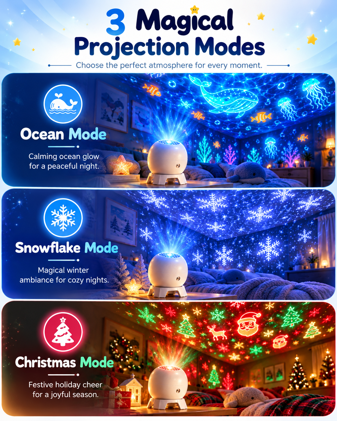 3 magical projection modes: Ocean, Snowflake and Christmas