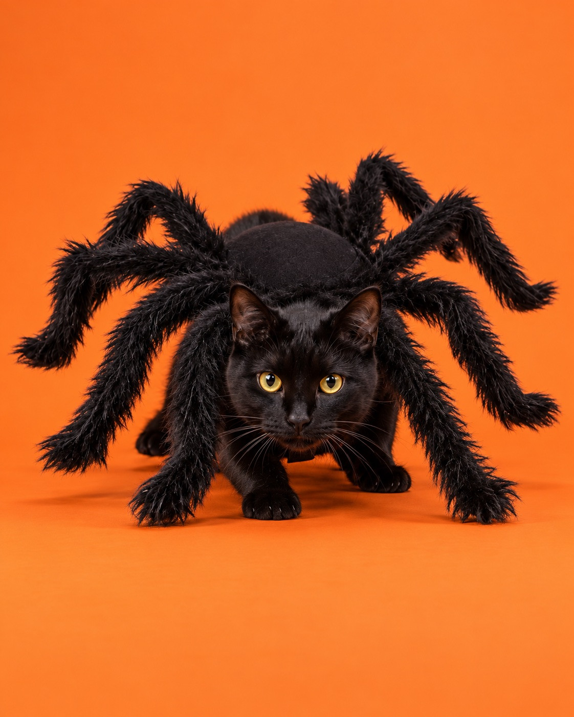 Black cat in the spider costume on an orange background