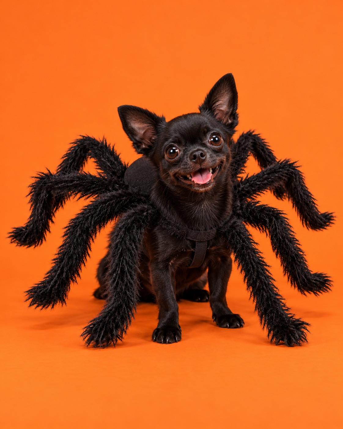 Black Chihuahua wearing the giant spider costume