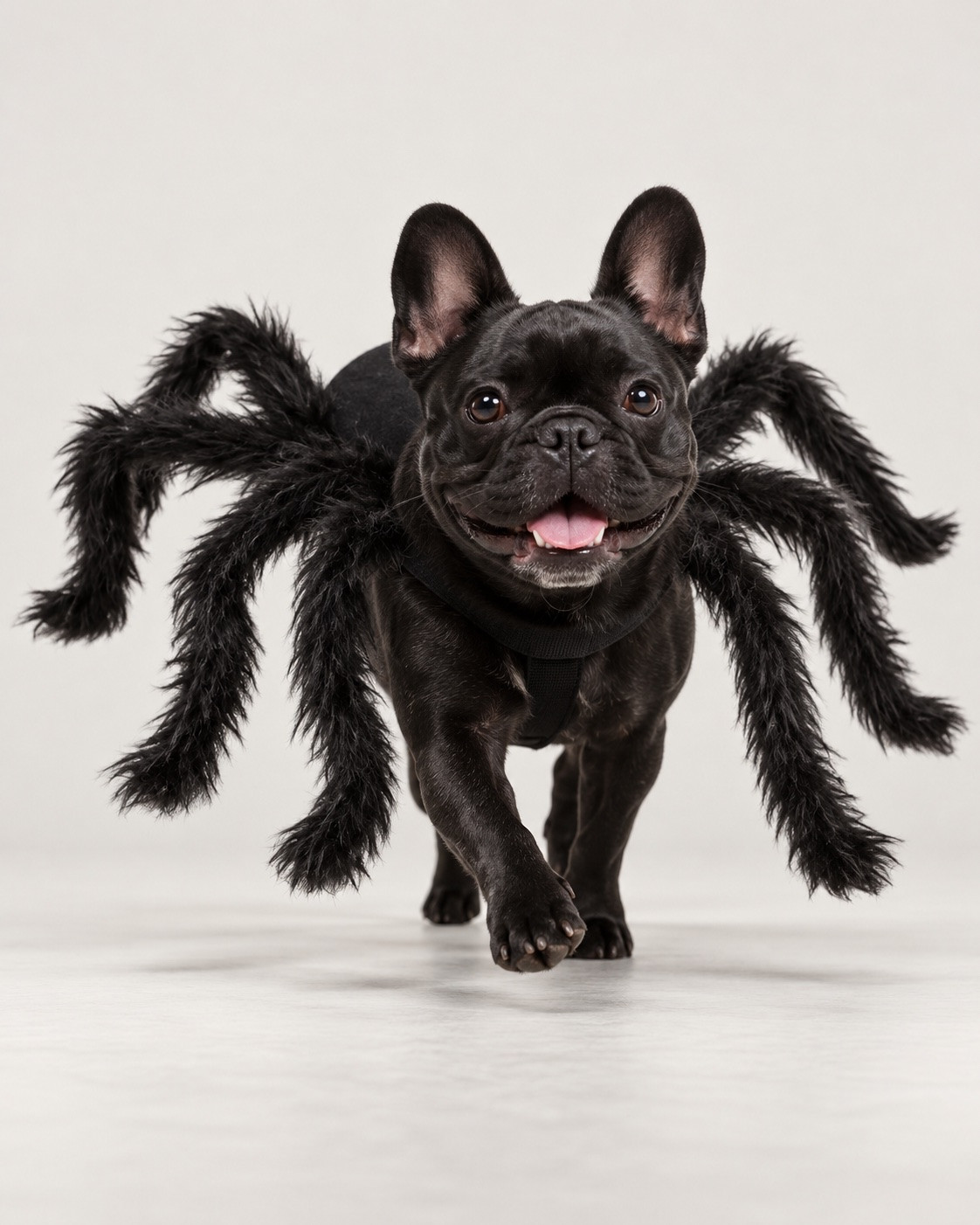 Black French Bulldog wearing the spider costume