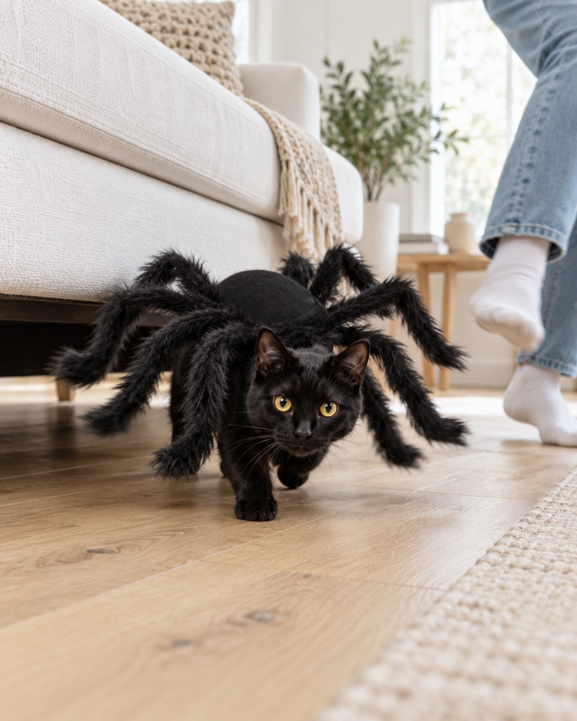 Black cat in the spider costume creeping out from under a sofa