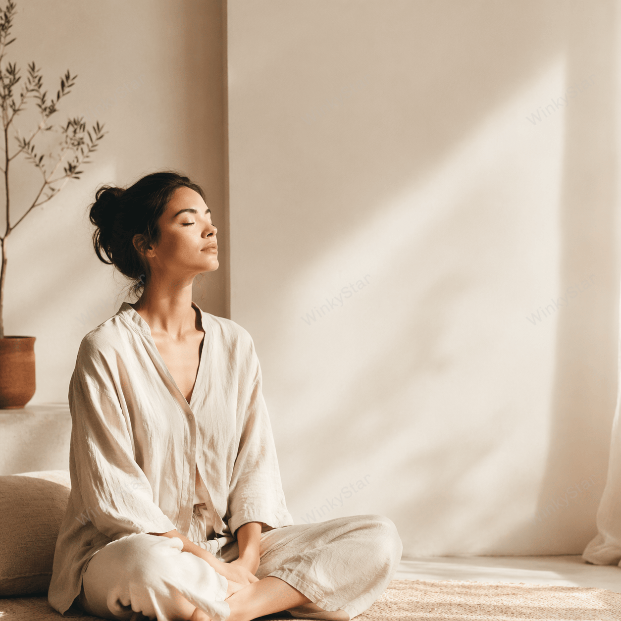 Woman sitting calmly in a bright room