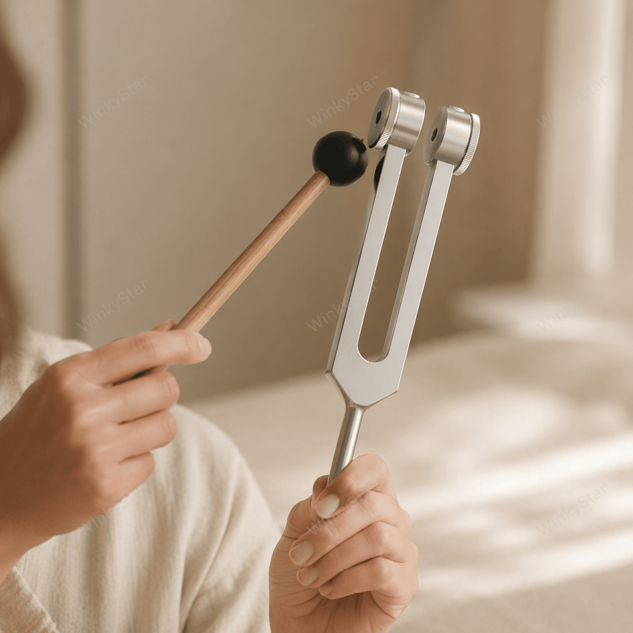 Person using a tuning fork with a mallet