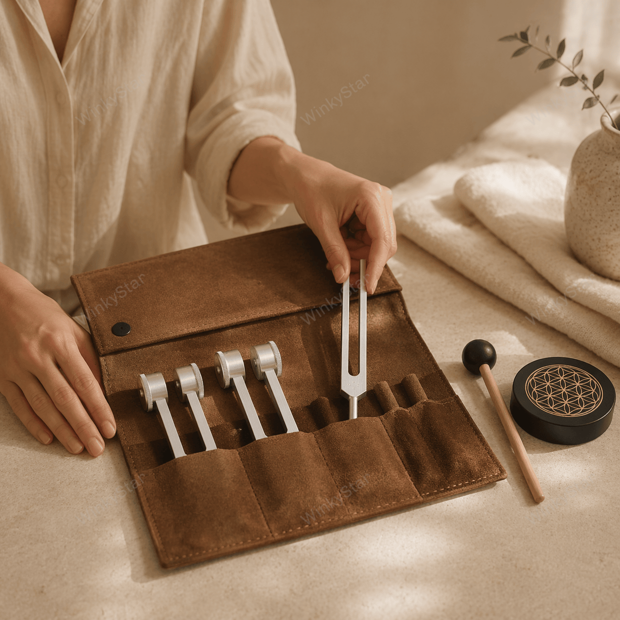 Close-up of the leather tuning fork case