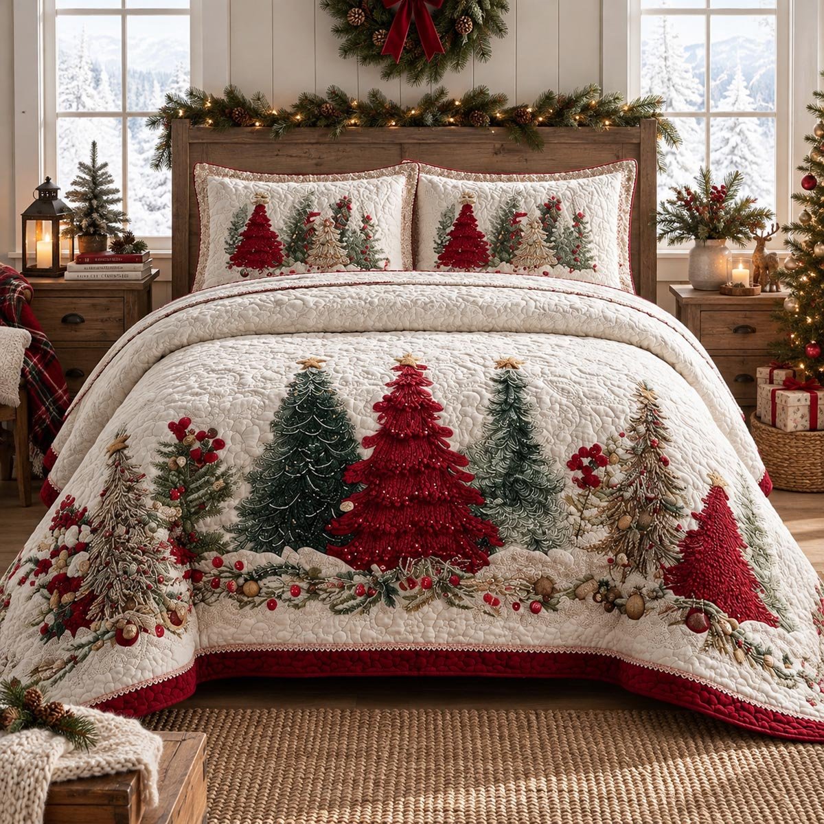 Cardinal Christmas Tree Quilted Bedding Set Evergreen Pine Bedspread Set Family Gift