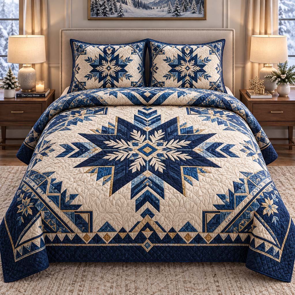 Cozy Snowflake Quilted Bedding Set Winter Wonderland Bedspread Set Gift Decor