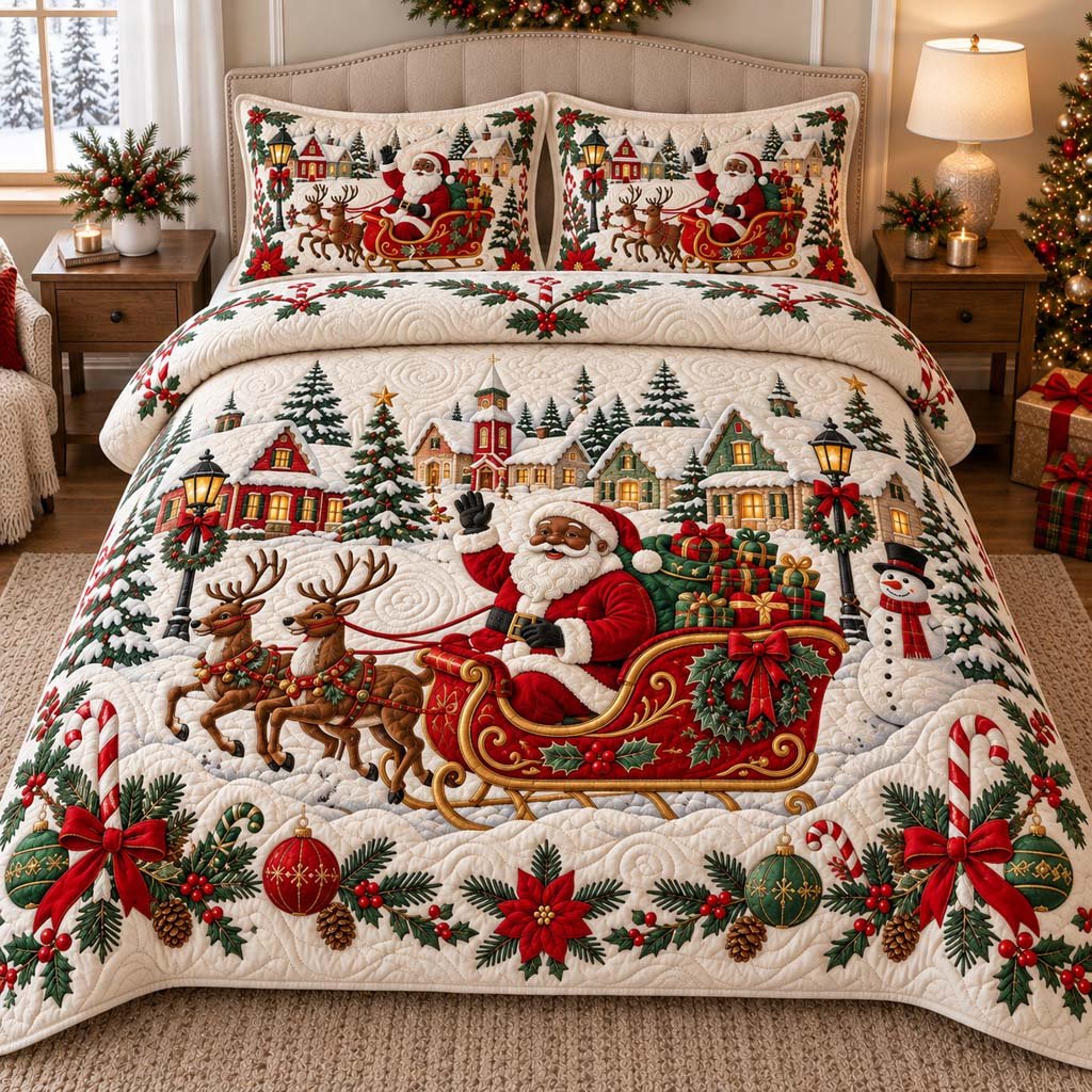Black Santa Journey Quilted Bedding Set Melanin Santa Bedspread Set Family Gift