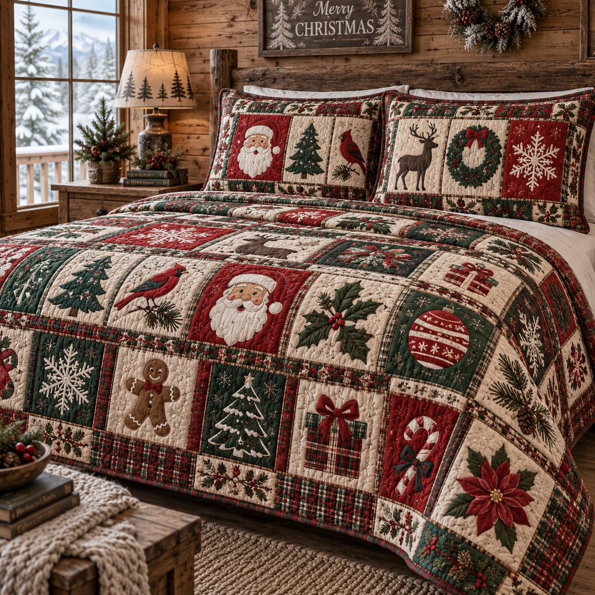 Christmas Keepsake Quilted Bedding Set Santa Workshop Bedspread Set Gift Decor