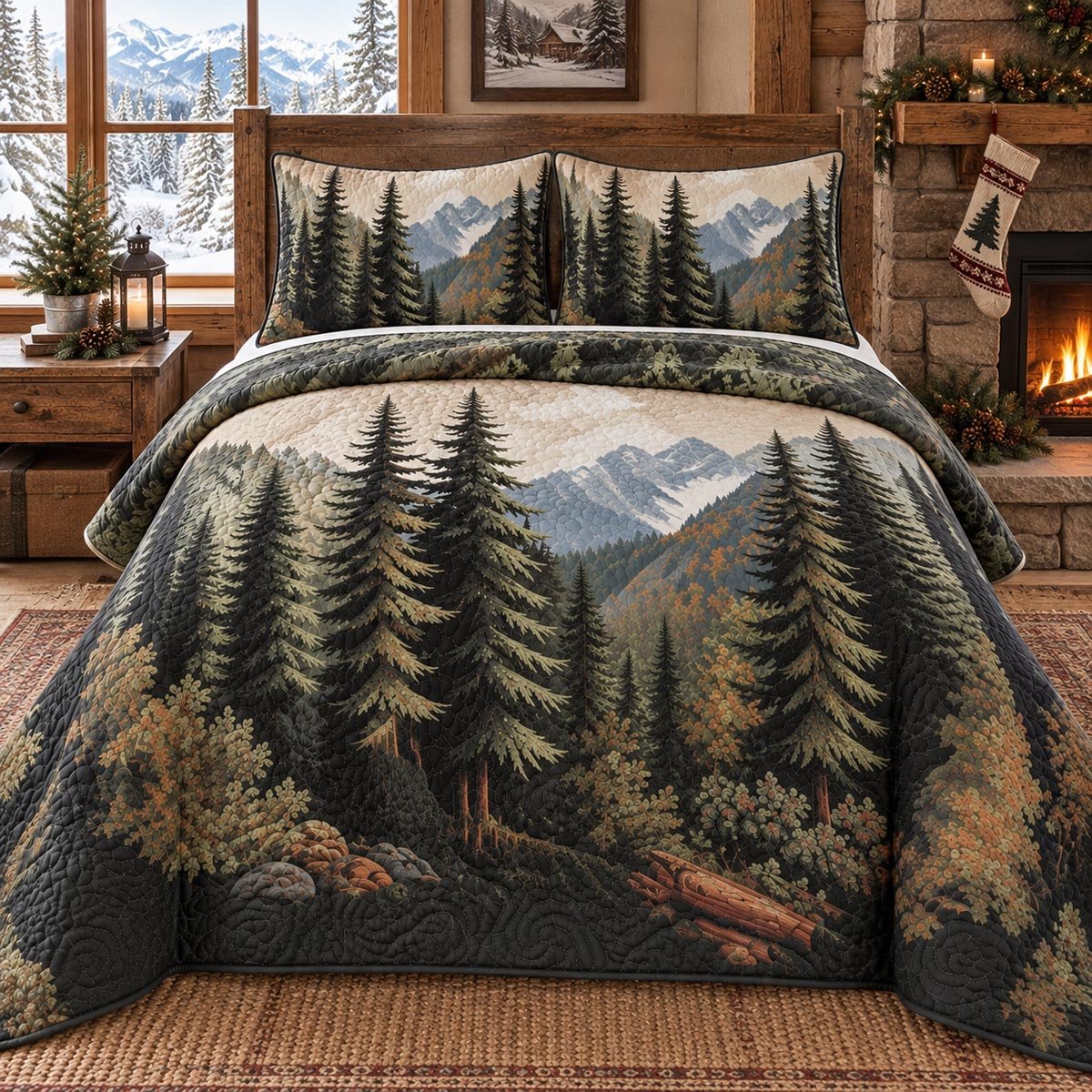Mountain Pine Retreat Quilted Bedding Set Rustic Mountain Bedspread Set Hiker Gift