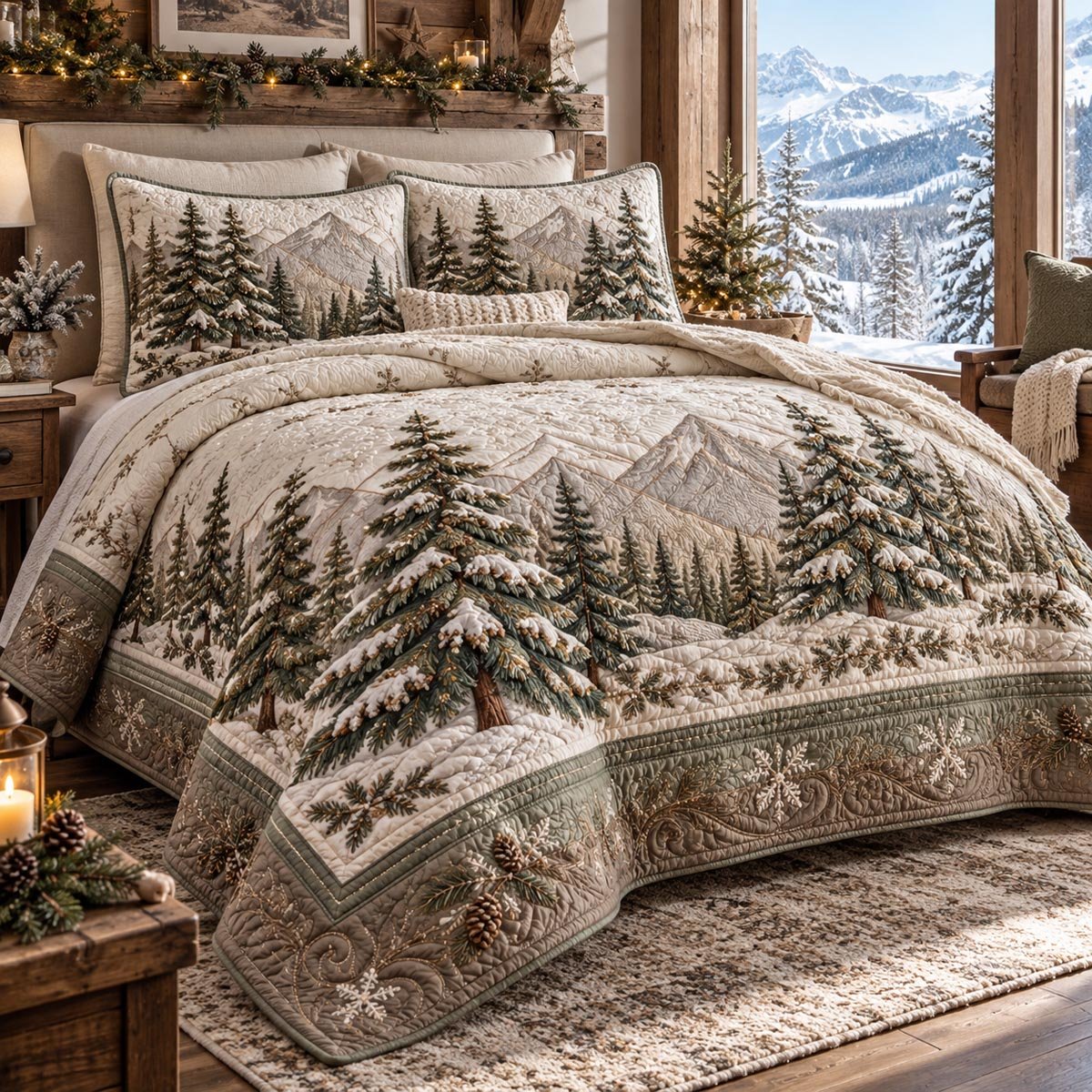 Alpine Forest Escape Quilted Bedding Set Mountain Wilderness Bedspread Set Outdoor Lover Gift