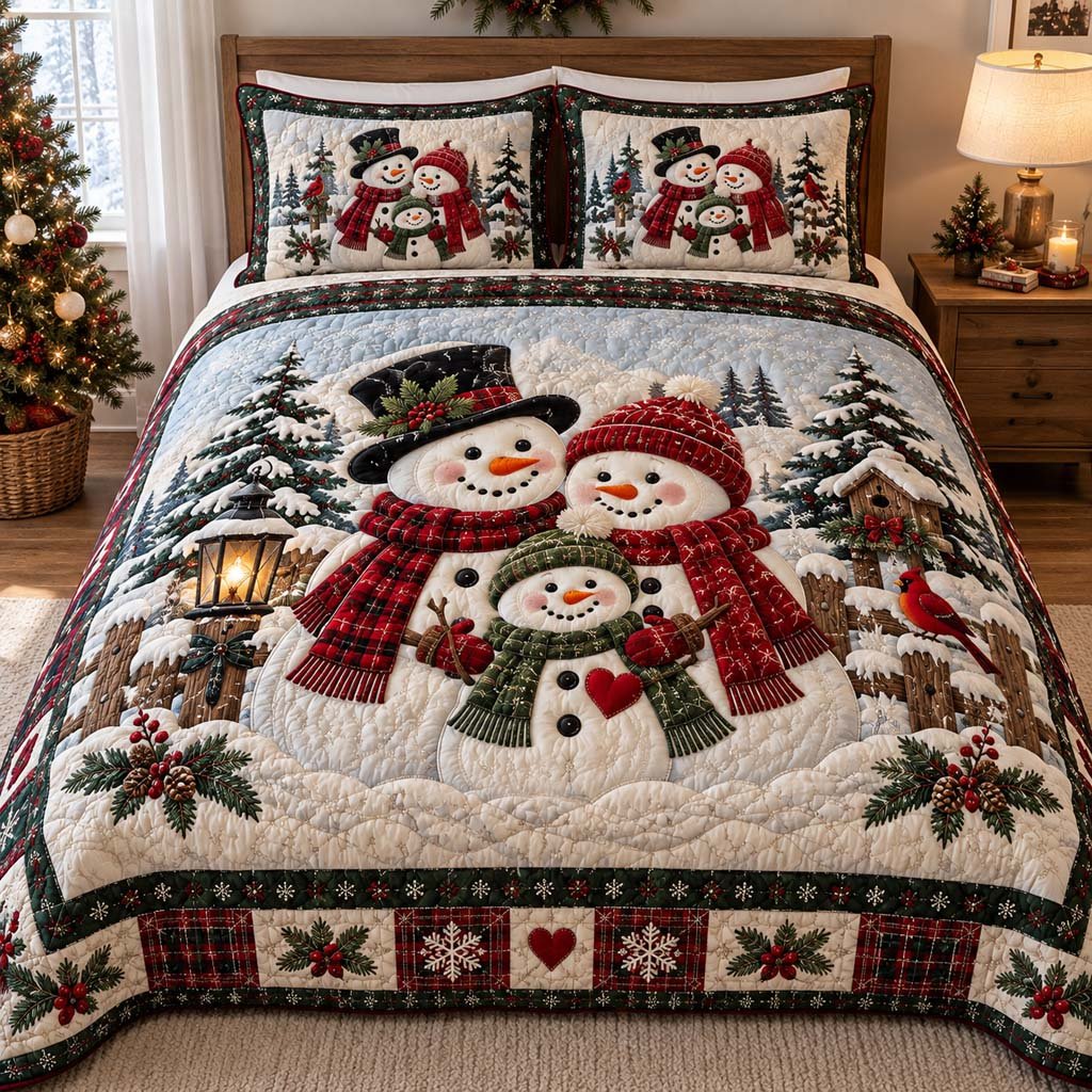 Cozy Snowman Quilted Bedding Set Frosty Snowman Bedspread Set Xmas Gift For Mom