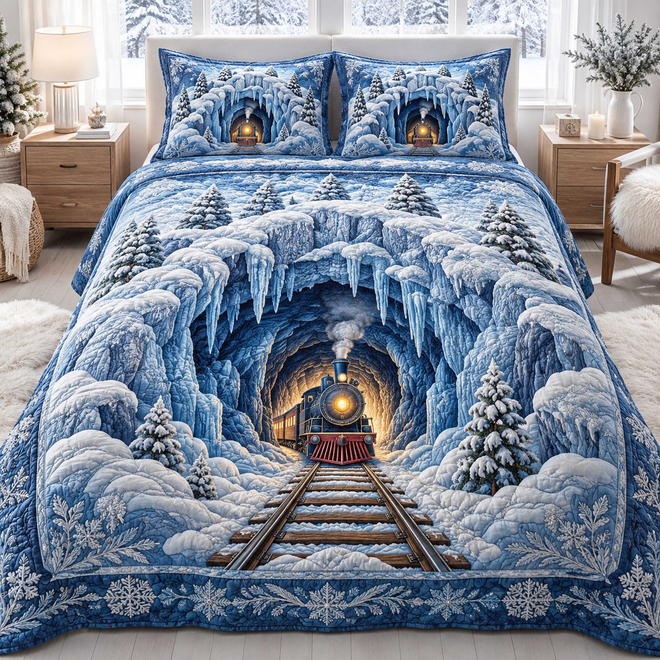 Xmas Train Quilted Bedding Set Holiday Train Bedspread Set Train Lover Gift