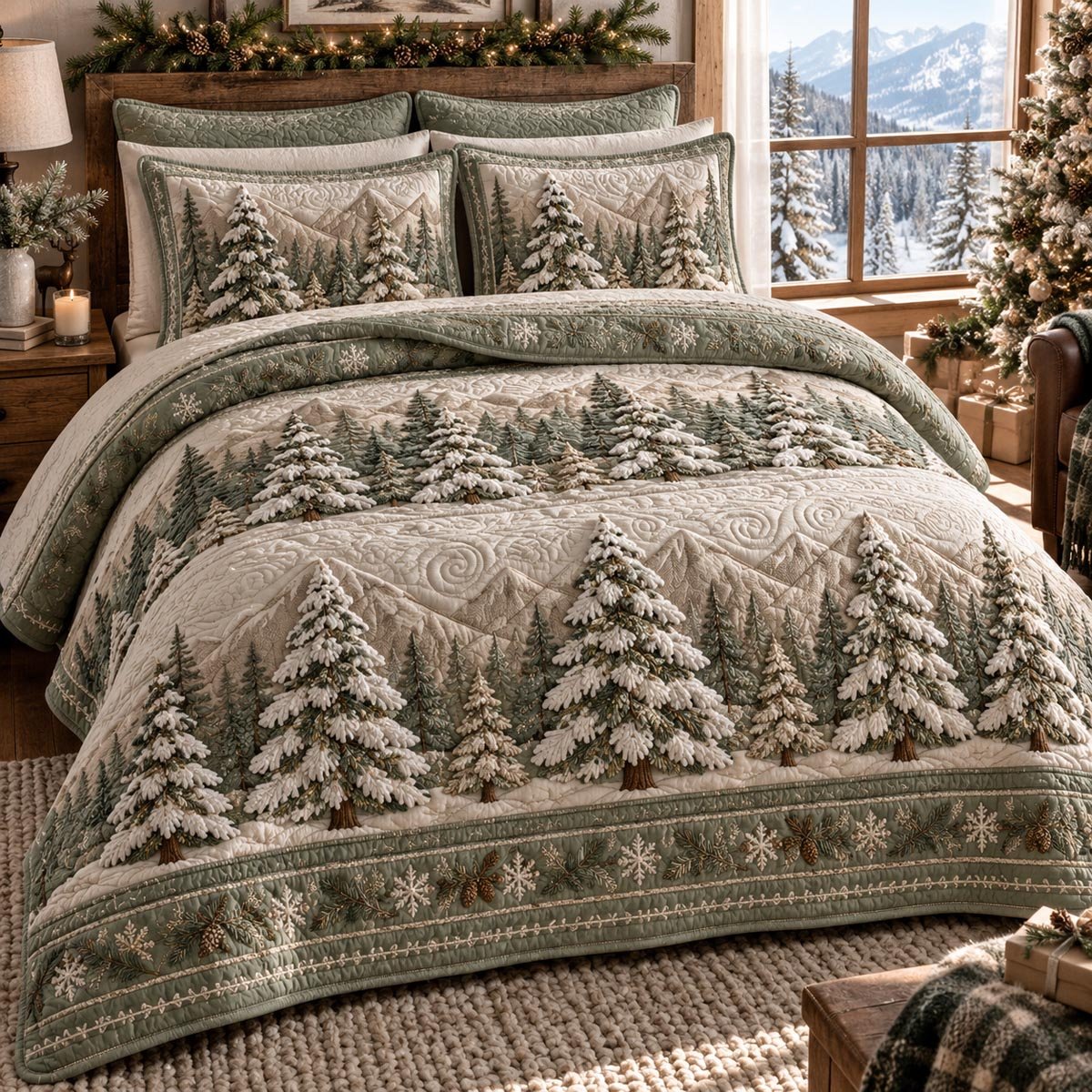 Snowy Evergreen Haven Quilted Bedding Set Christmas Tree Bedspread Set Holiday Gift
