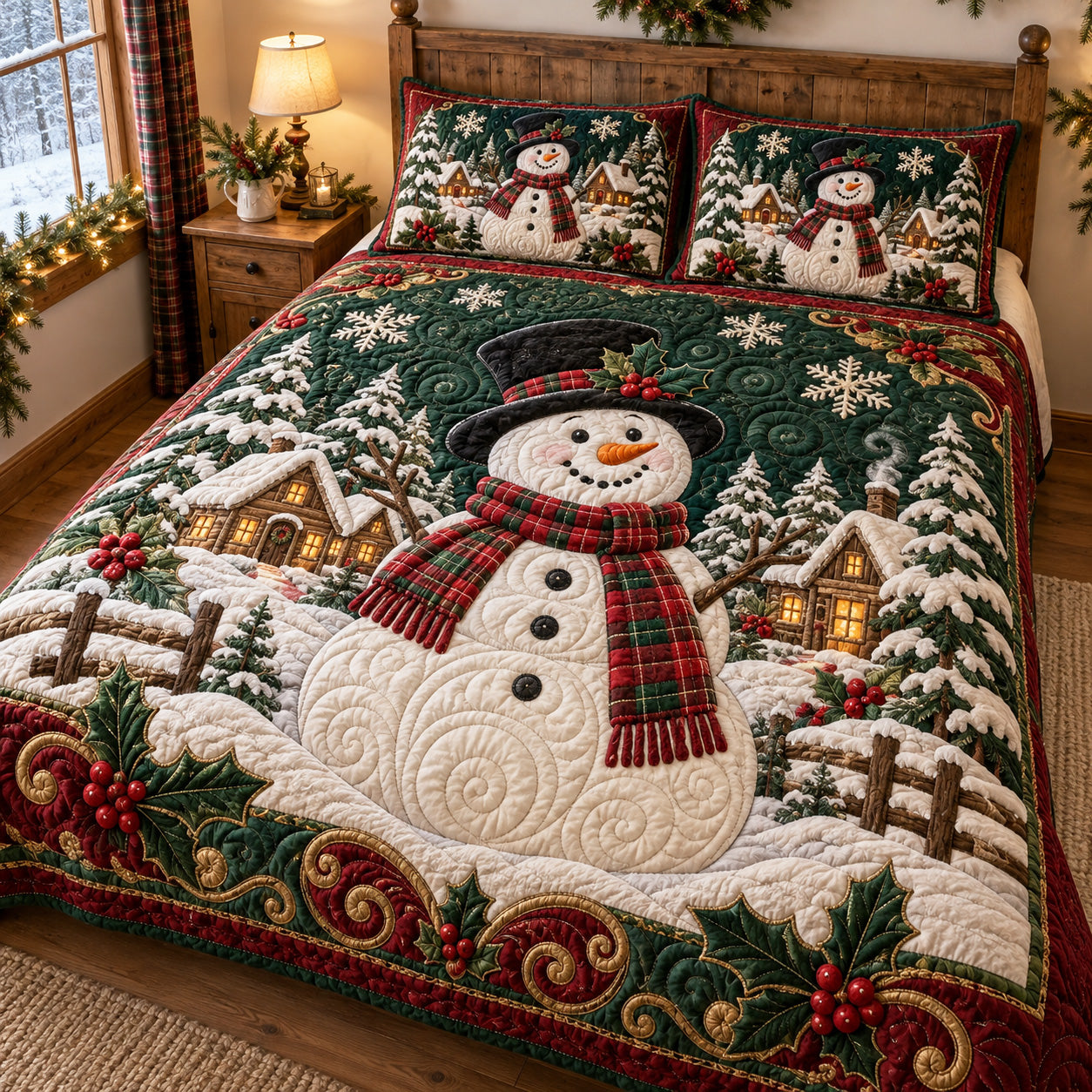 Snowman Noel Quilted Bedding Set Frosty Snowman Bedspread Set Xmas Gift For Mom