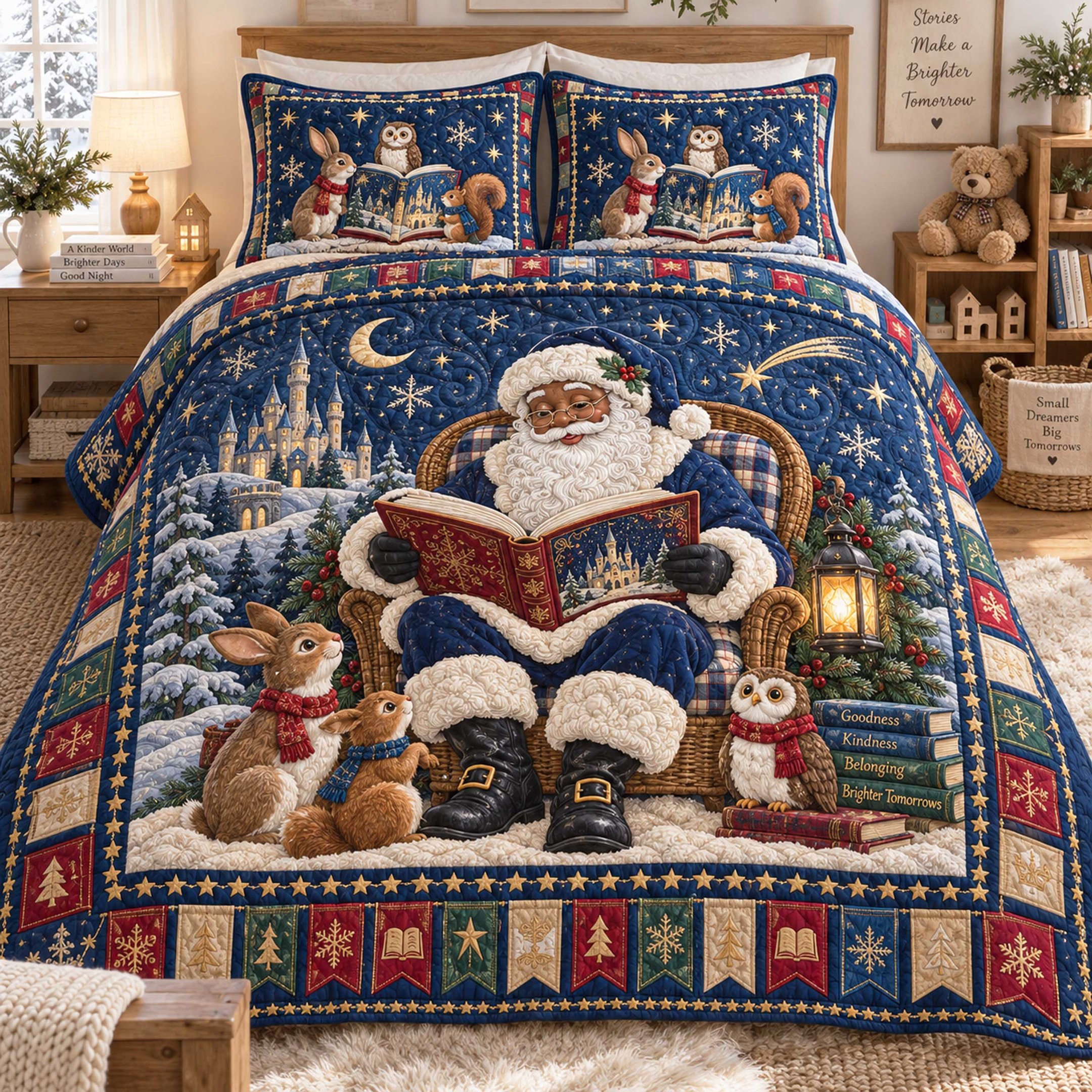 Black Santa Delight Quilted Bedding Set Melanin Santa Bedspread Set Family Gift