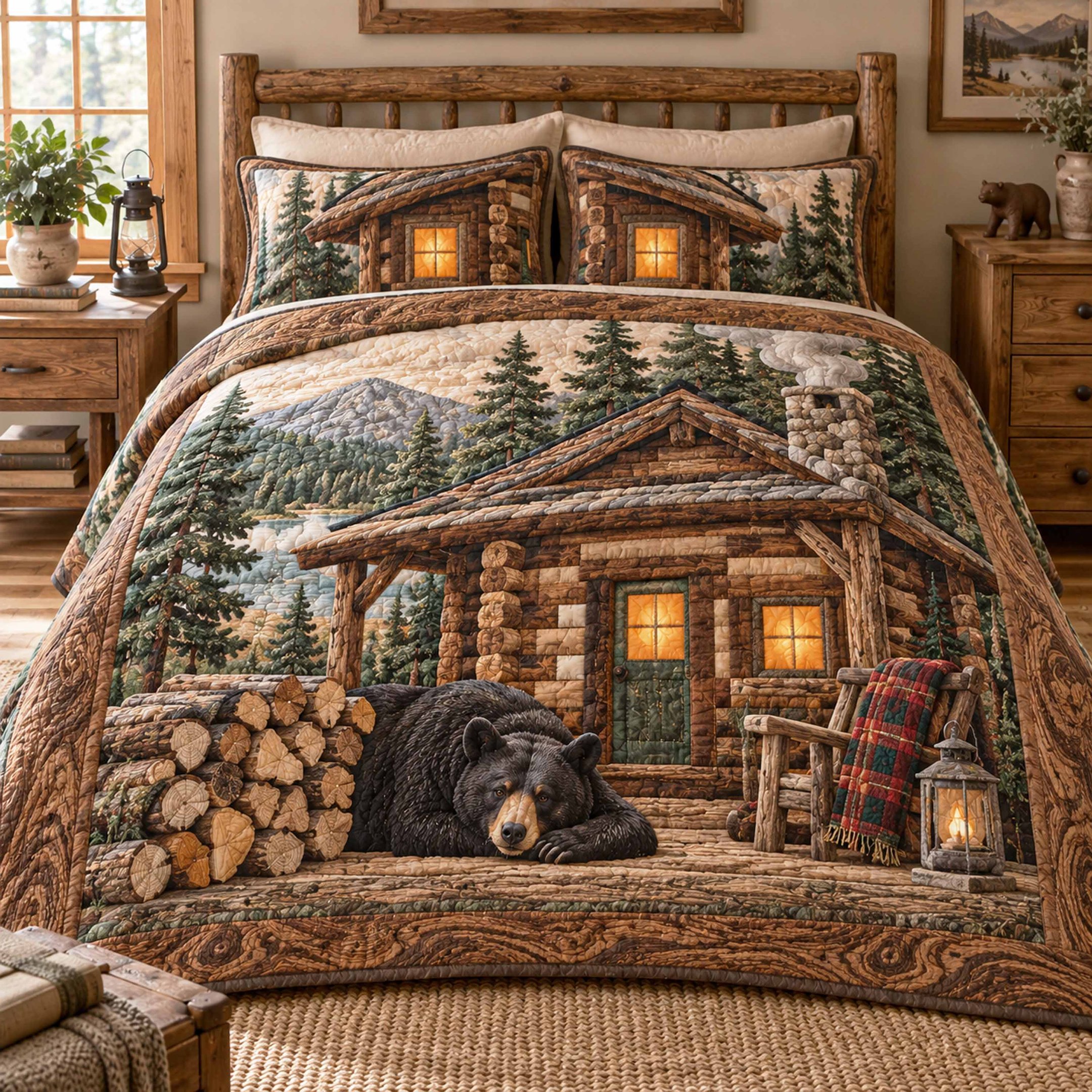 Lodge Glow Quilted Bedding Set Lake House Bedspread Set Outdoor Lover Gift