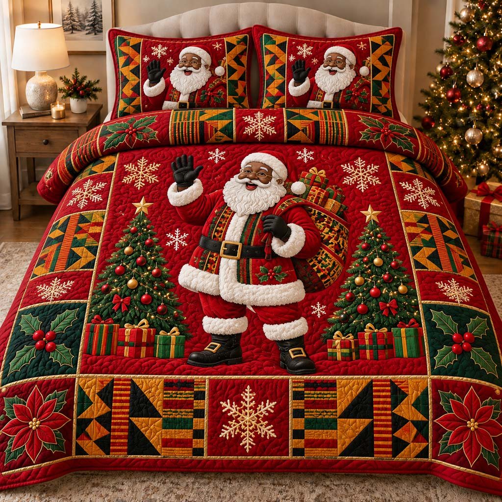 Black Santa Paradise Quilted Bedding Set Melanin Santa Bedspread Set Family Gift