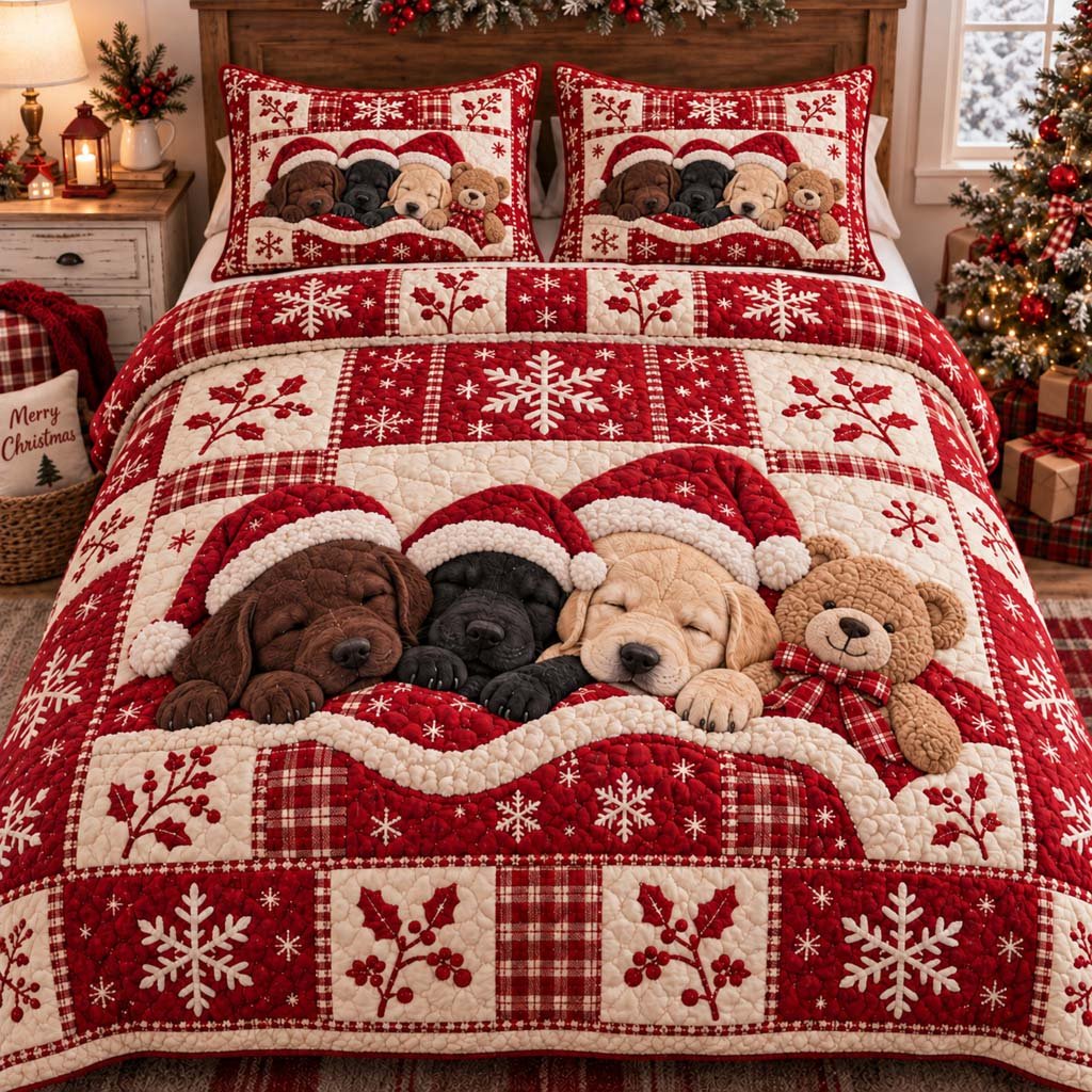 Winter Labrador Quilted Bedding Set Labrador Dog Bedspread Set Gift For Dog Lovers