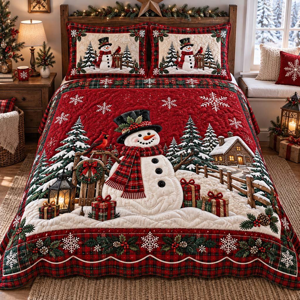 Serene Snowman Quilted Bedding Set Frosty Snowman Bedspread Set Xmas Gift For Mom