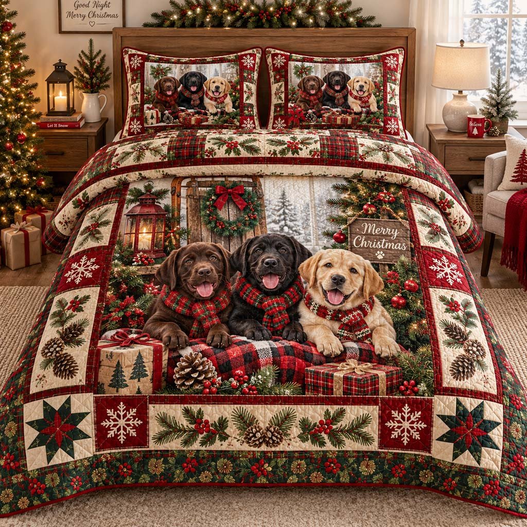 Snowy Labrador Quilted Bedding Set Labrador Lover Bedspread Set Labrador Mom Gift