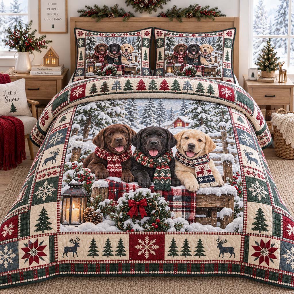 Cherry Labrador Quilted Bedding Set Cute Puppy Bedspread Set Labrador Mom Gift