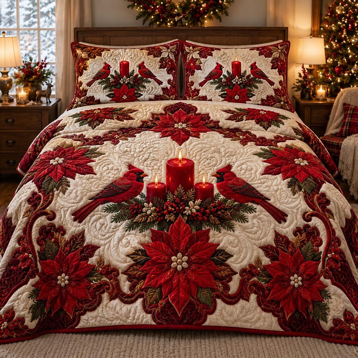Cardinal Poinsettia Grace Quilted Bedding Set Memorial Cardinal Bedspread Set Gift For Mom