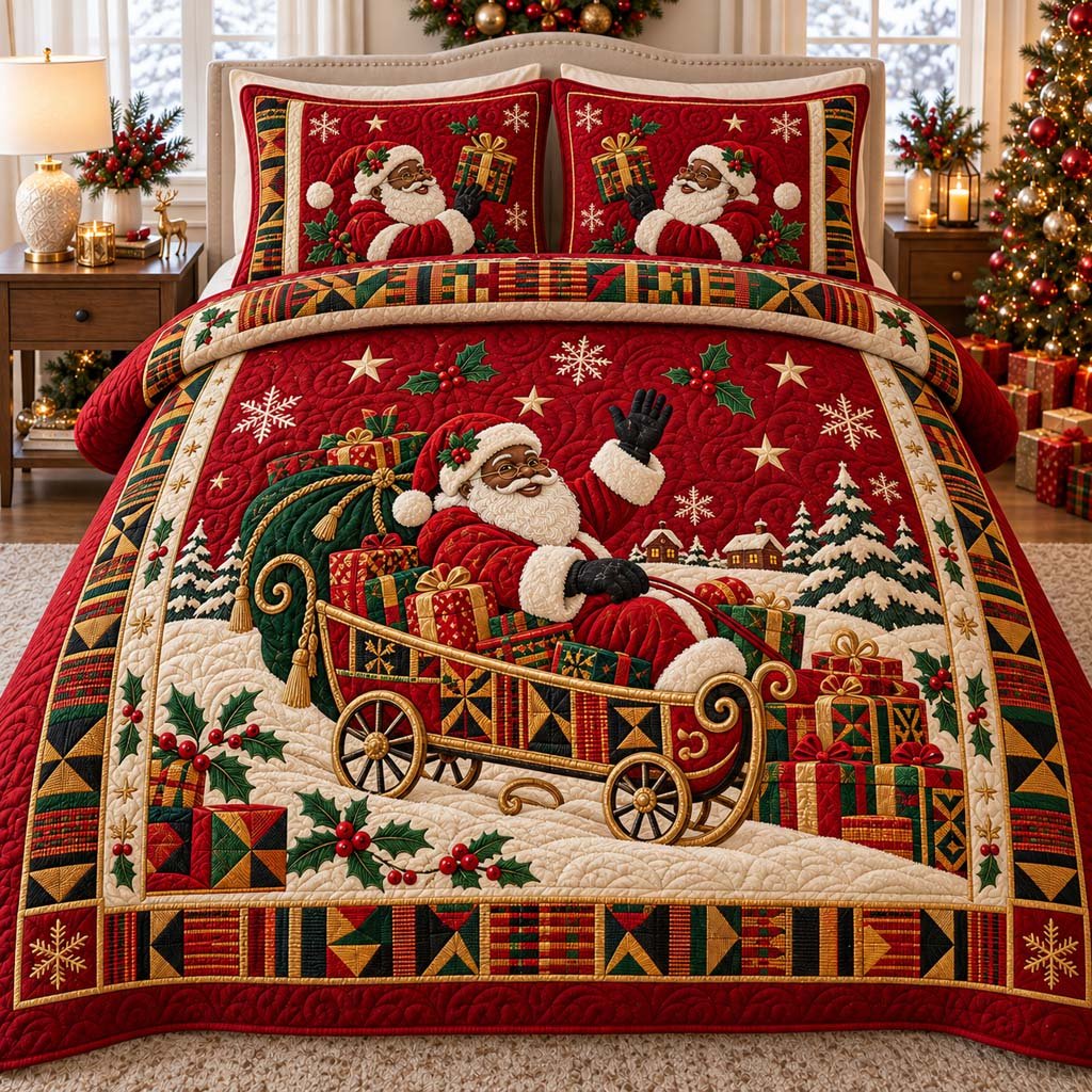 Delightful Black Santa Quilted Bedding Set African American Santa Bedspread Set Holiday Gift
