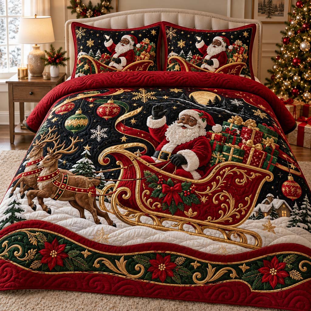 Black Santa Express Quilted Bedding Set African American Santa Bedspread Set Black Family Gift