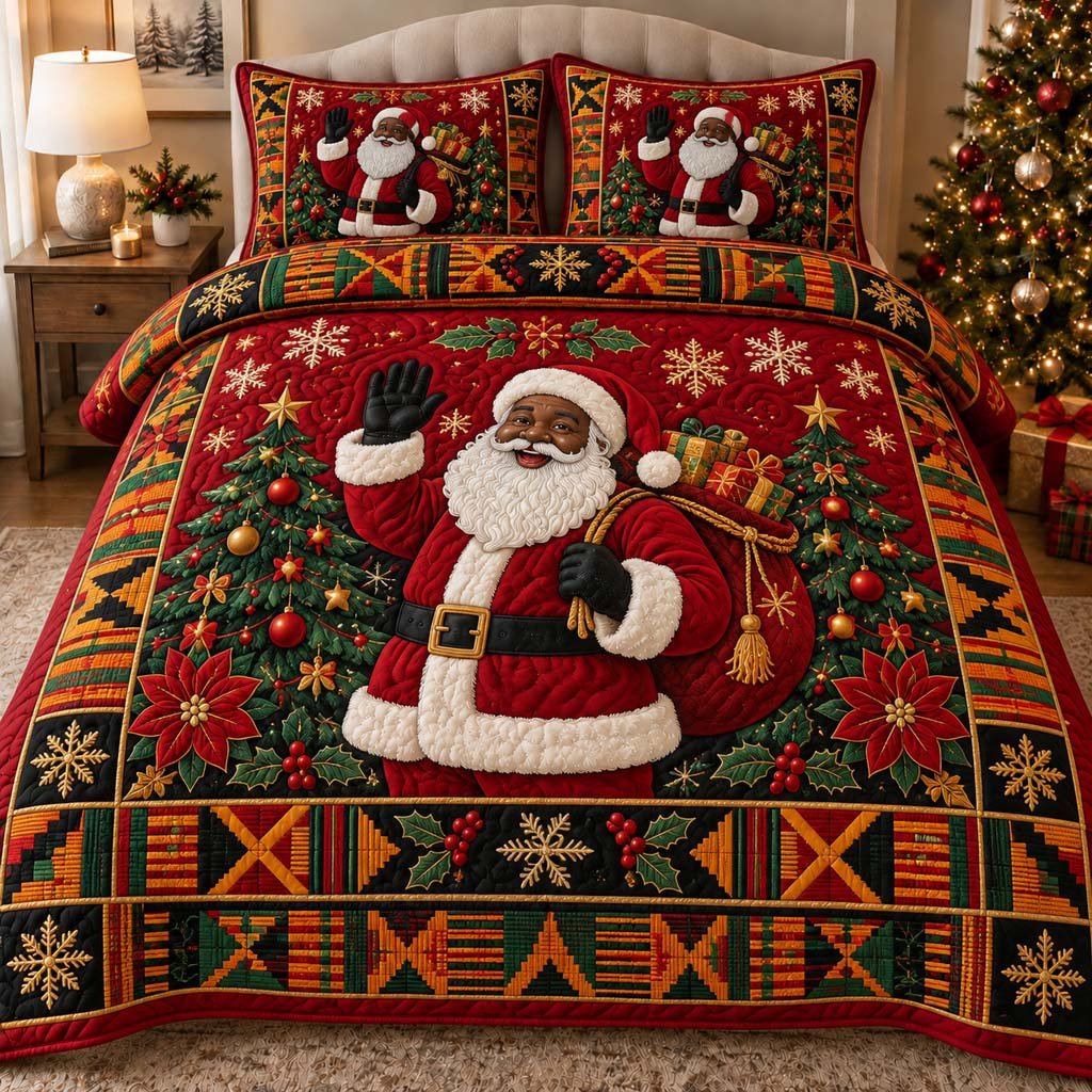 Vibrant Black Santa Quilted Bedding Set African American Santa Bedspread Set Black Family Gift