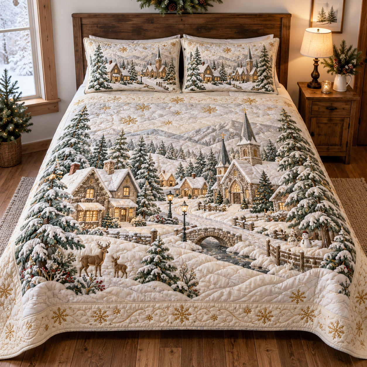 Alpine Village Quilted Bedding Set Rustic Mountain Bedspread Set Hiker Gift