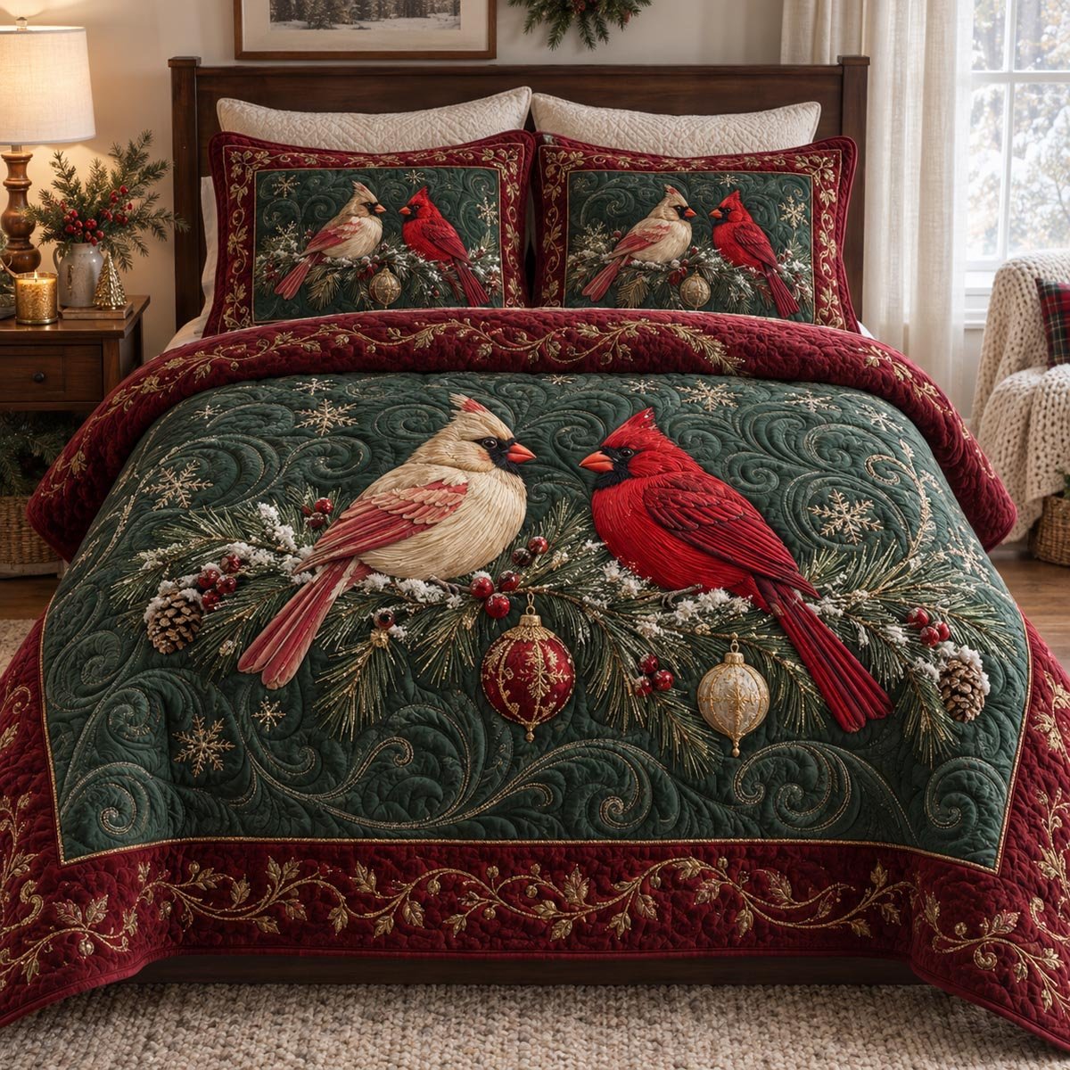 Evergreen Cardinal Elegance Quilted Bedding Set Winter Cardinal Bedspread Set Memorial Gift