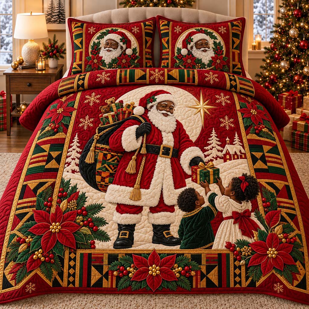 Coziness Black Santa Quilted Bedding Set Black Santa Claus Bedspread Set Holiday Gift