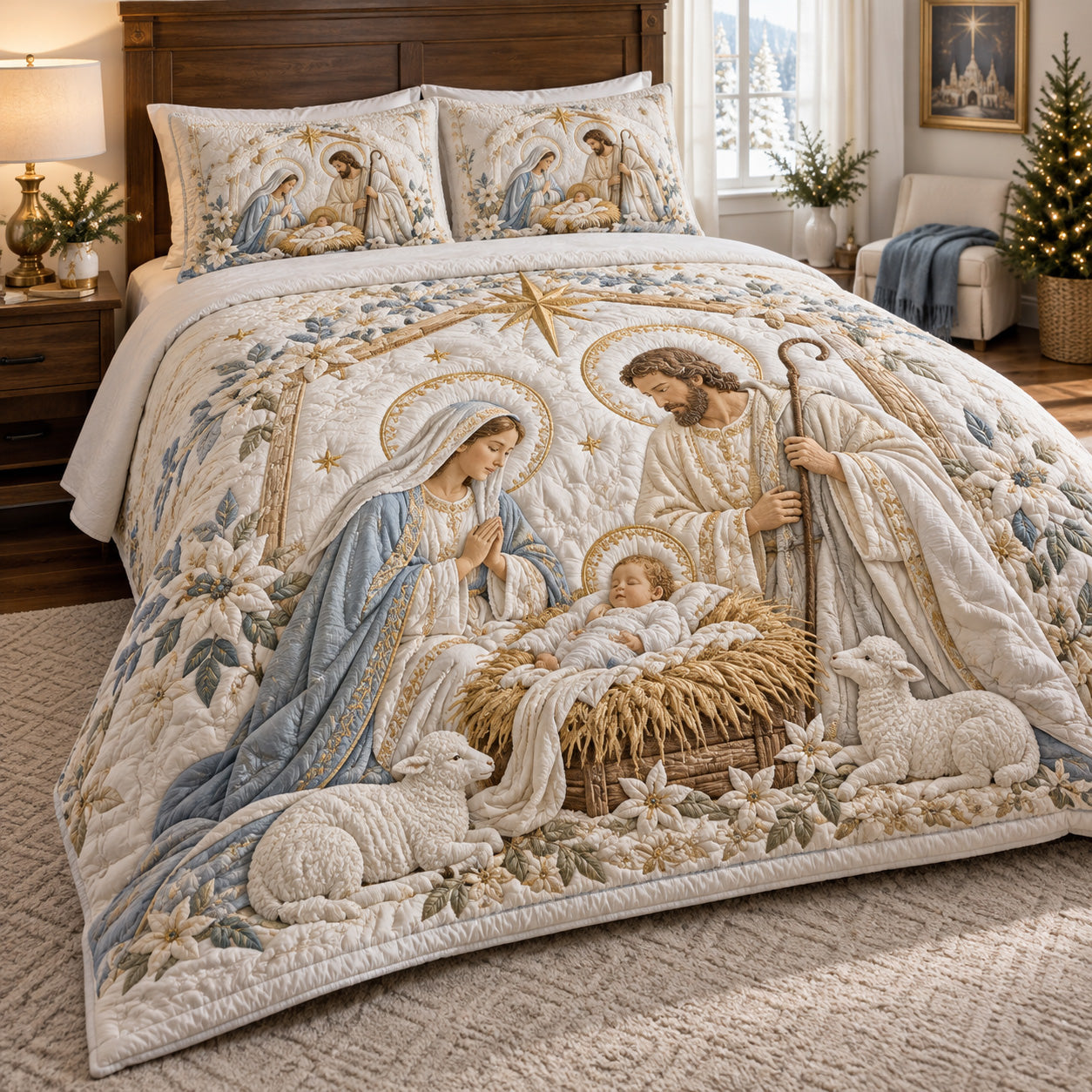 Angelic Nativity Quilted Bedding Set Holy Family Bedspread Set Church Gift