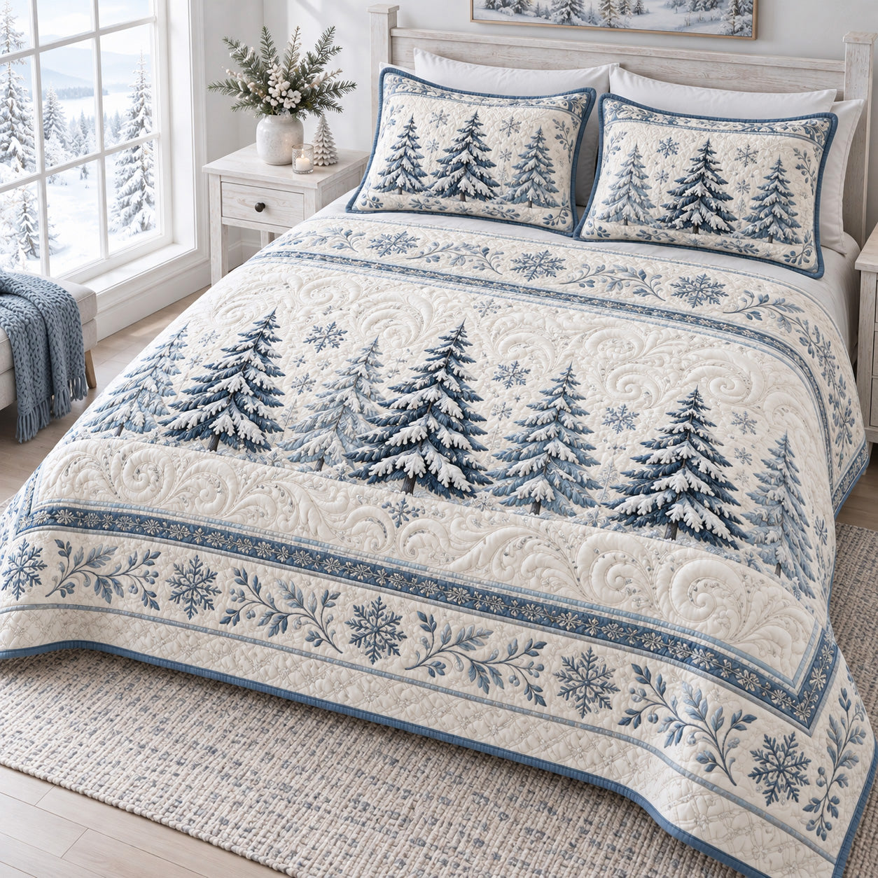 Arctic Forest Quilted Bedding Set Winter Wonderland Bedspread Set Gift Decor