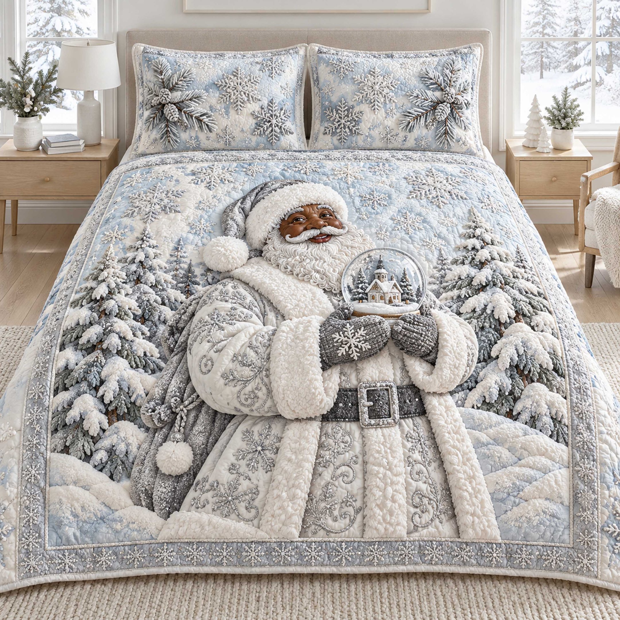 Black Santa Magic Quilted Bedding Set African American Santa Bedspread Set Black Family Gift