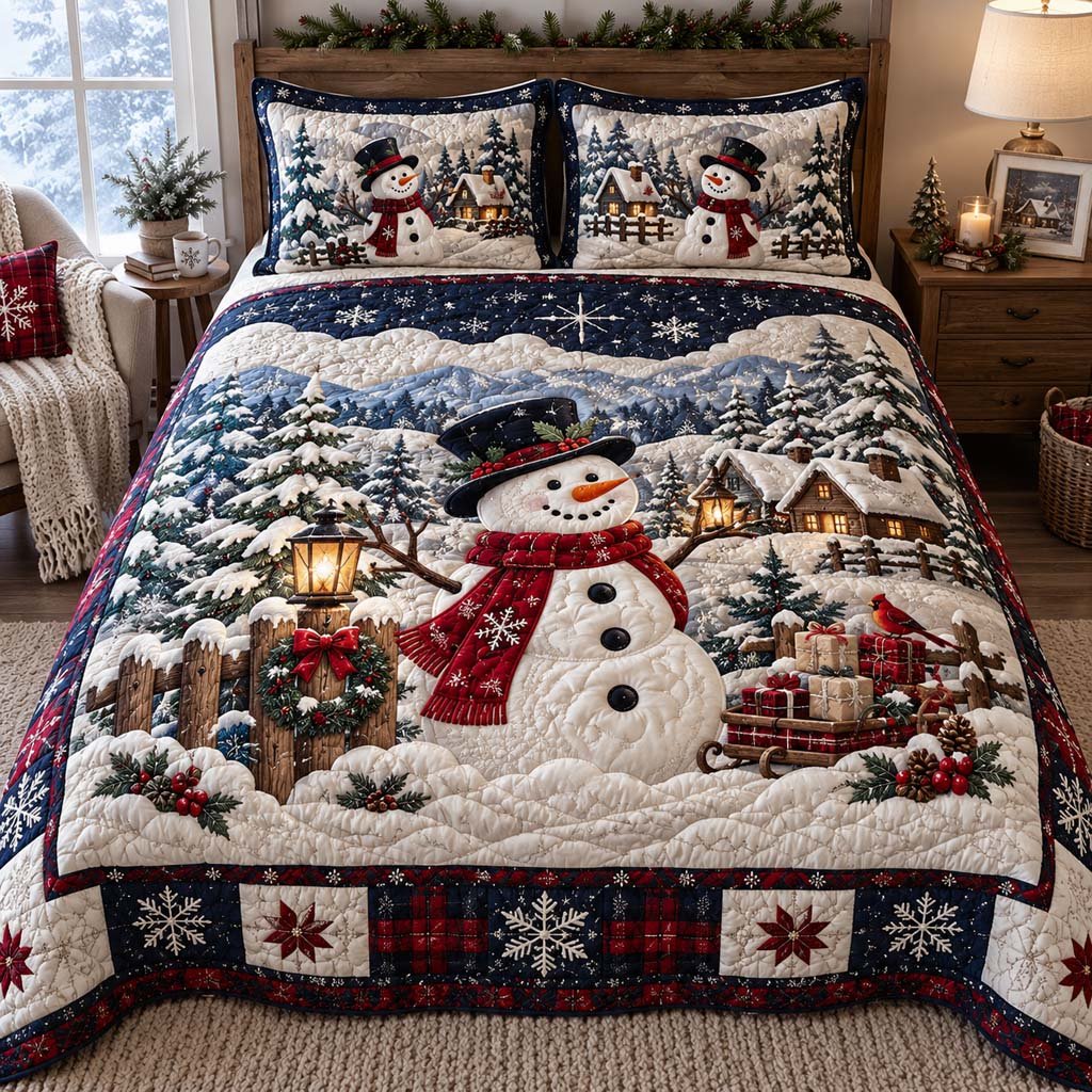 Merry Snowman Quilted Bedding Set Snowman Winter Bedspread Set Holiday Gift