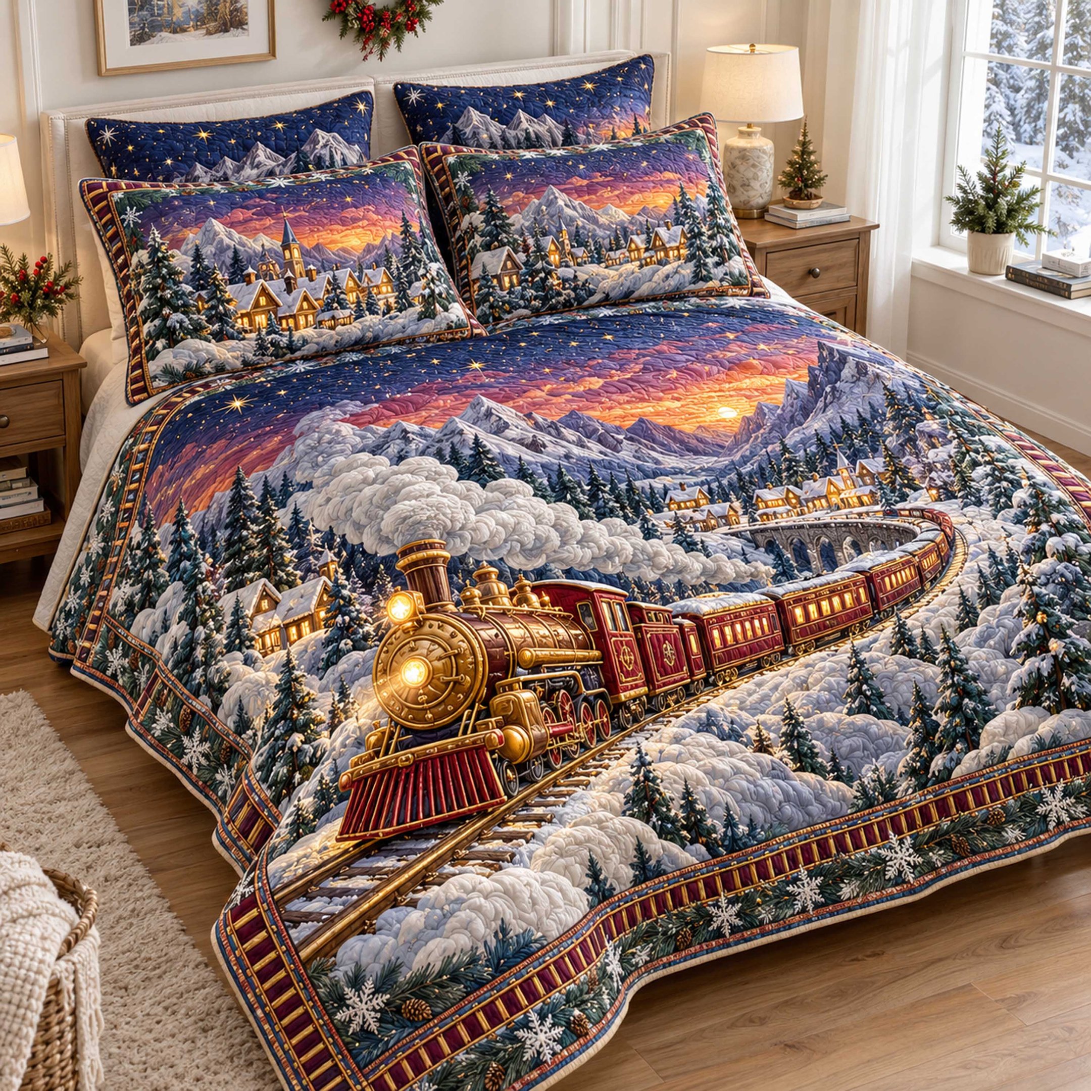 Christmas Train Quilted Bedding Set Railroad Train Bedspread Set Holiday Gift