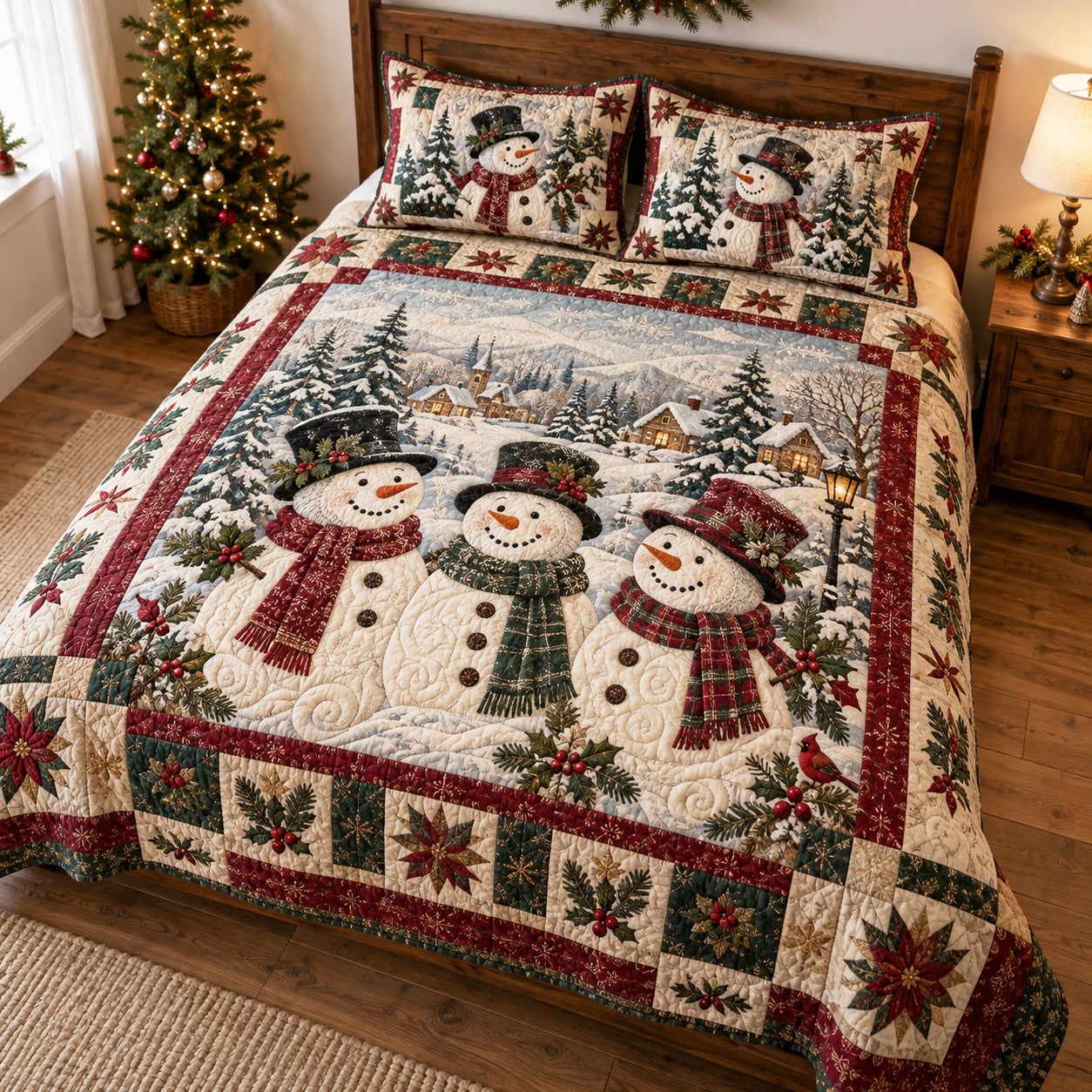 Snowman Dreams Quilted Bedding Set Snowman Winter Bedspread Set Holiday Gift