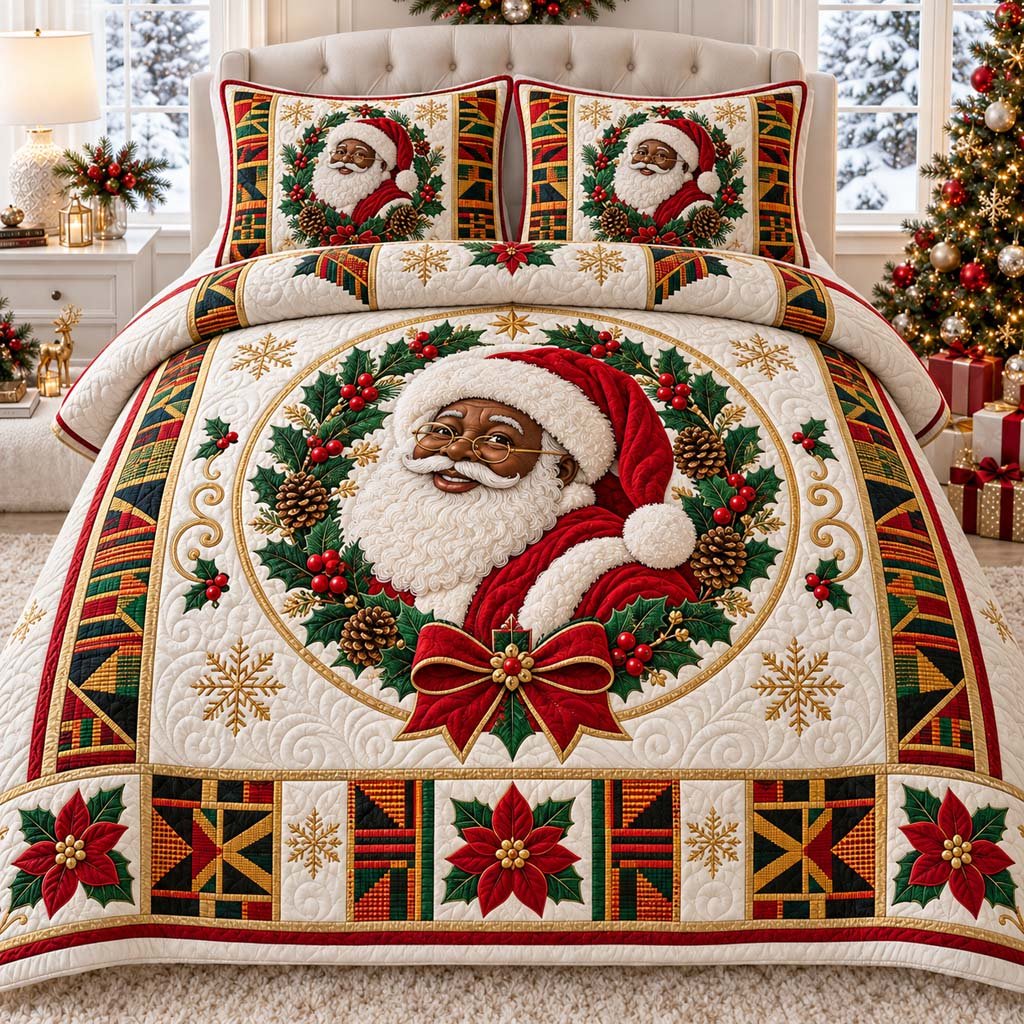 Rustic Black Santa Quilted Bedding Set Black Santa Claus Bedspread Set Holiday Gift