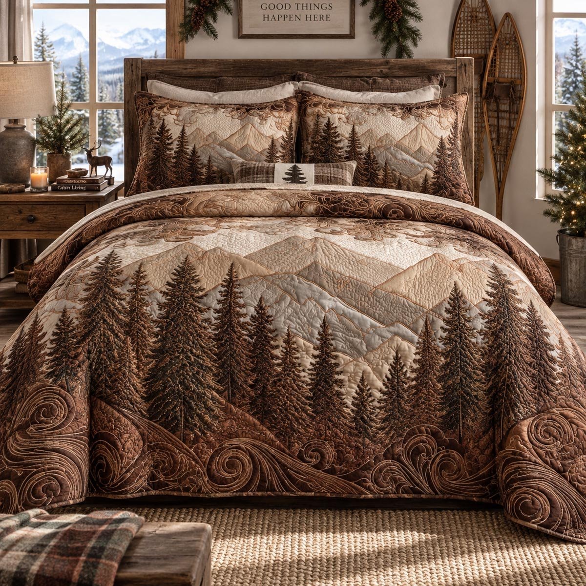 Rustic Mountain Pines Quilted Bedding Set Outdoor Nature Bedspread Set Cabin Decor Gift