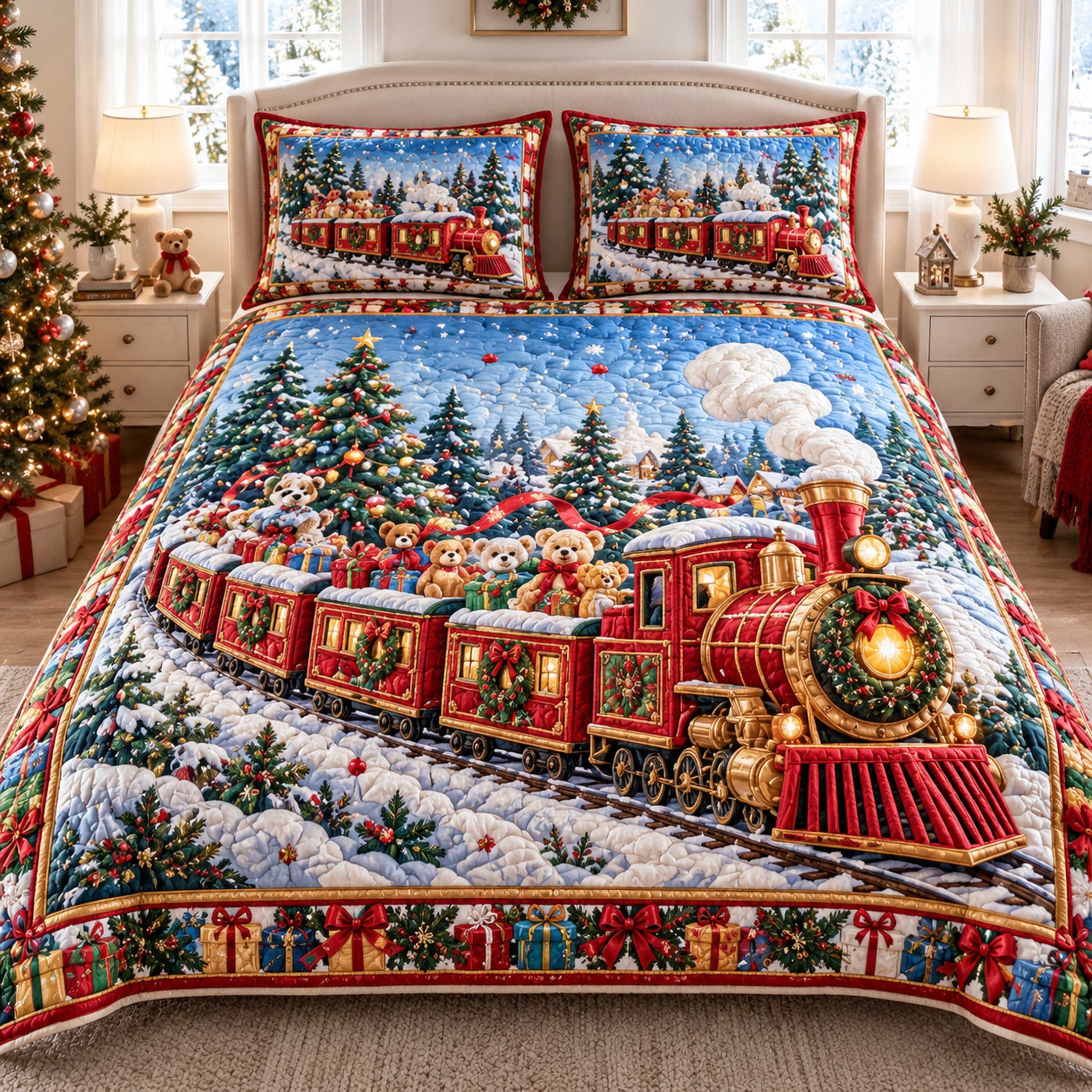Festive Train Quilted Bedding Set Holiday Train Bedspread Set Holiday Gift